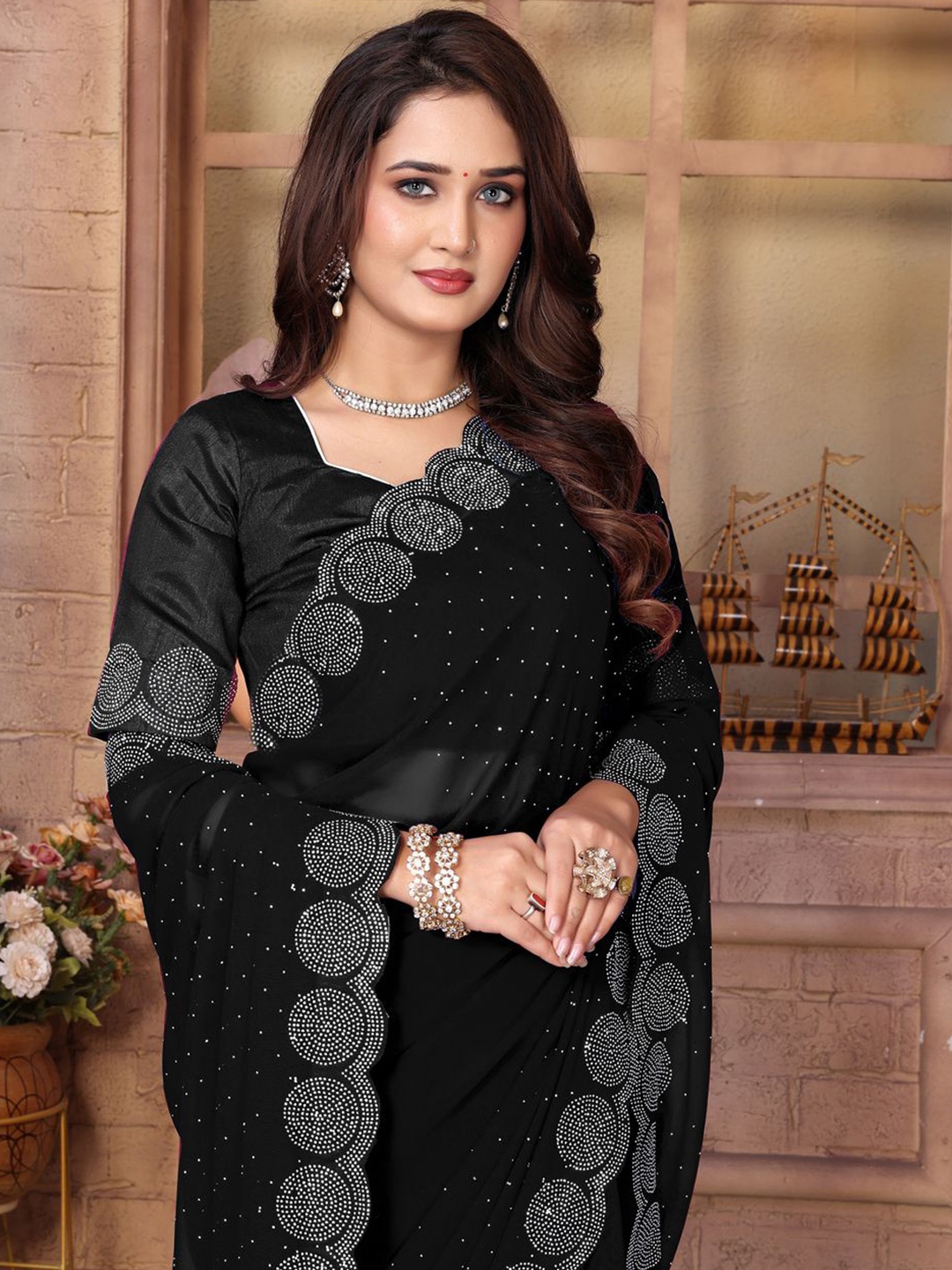 

ANJAVI FASHION Embellished Beads and Stones Pure Georgette Saree, Black