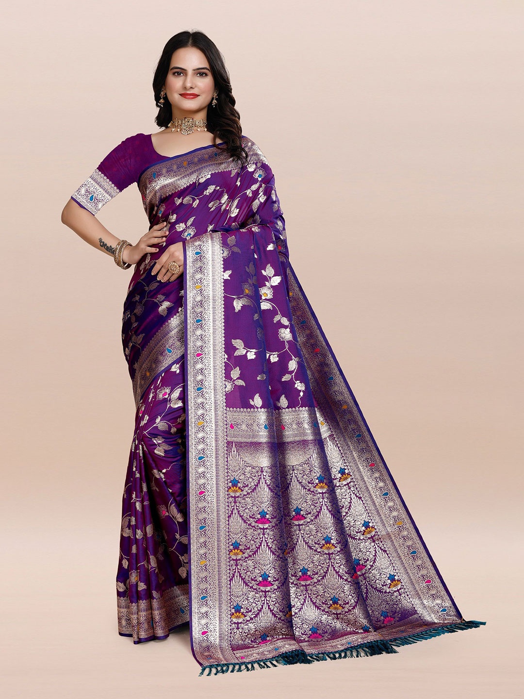 

TORONFRAS Floral Woven Design Zari Banarasi Saree, Purple