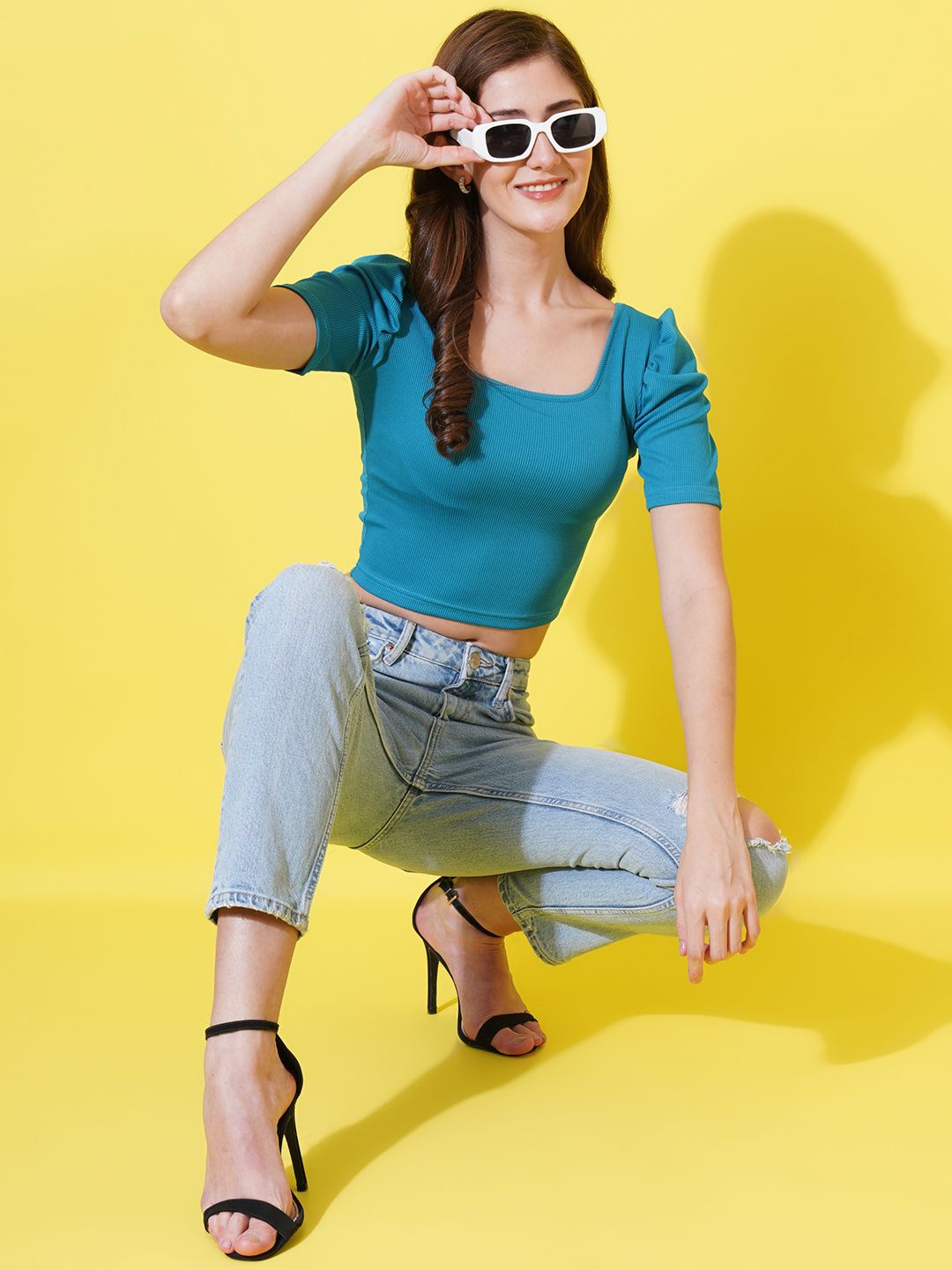 

Moda Rapido Puff Sleeve Crepe Top, Blue