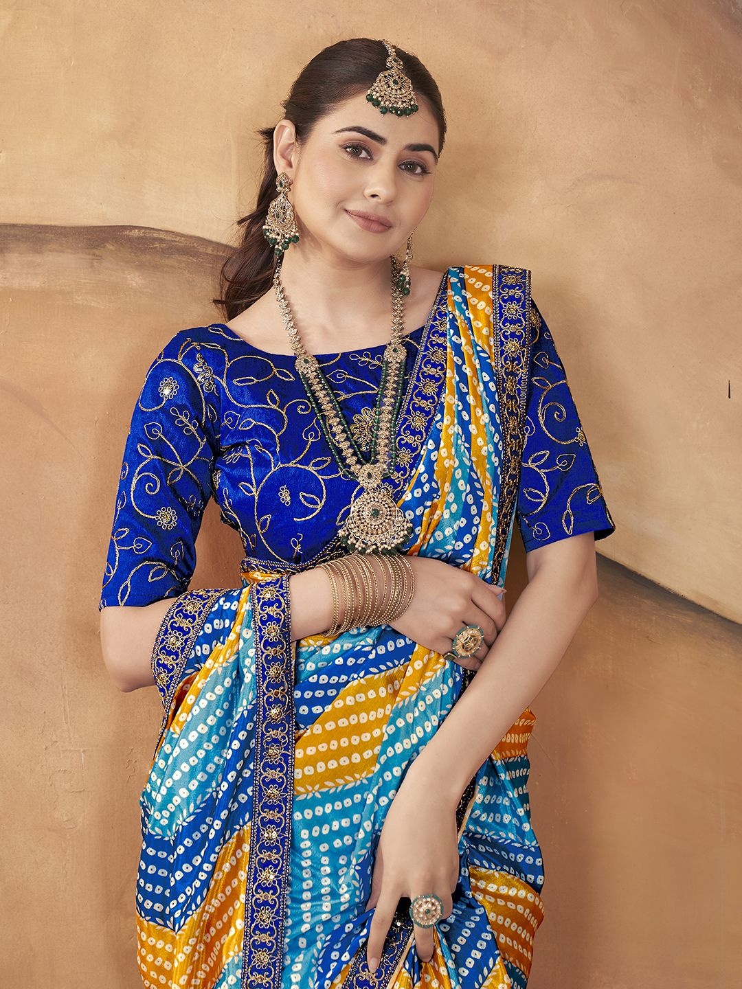 

Ethnielle Bandhani Embroidered Bandhani Saree, Blue