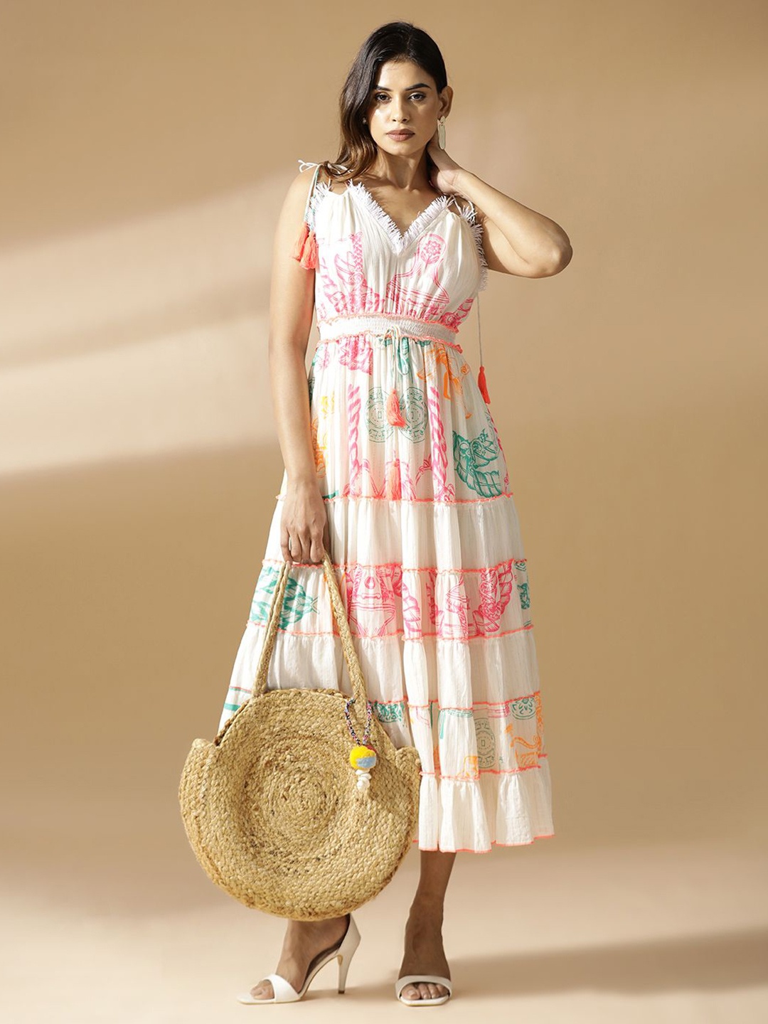 

Mugo Tiered Printed Long dress, Off white