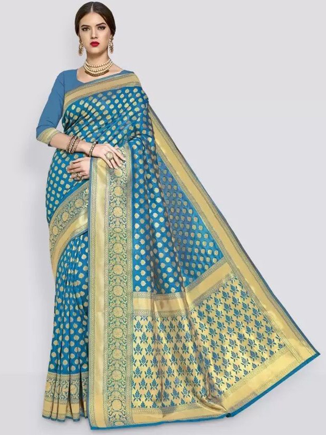 

KALINI Woven Design Zari Pure Silk Saree, Teal