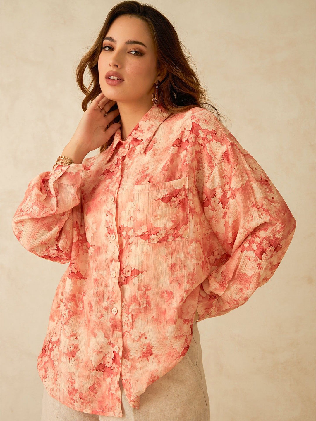 

Virgio Women Viscose Shirt Collar Regular Length Floral Regular Sleeves Top, Coral