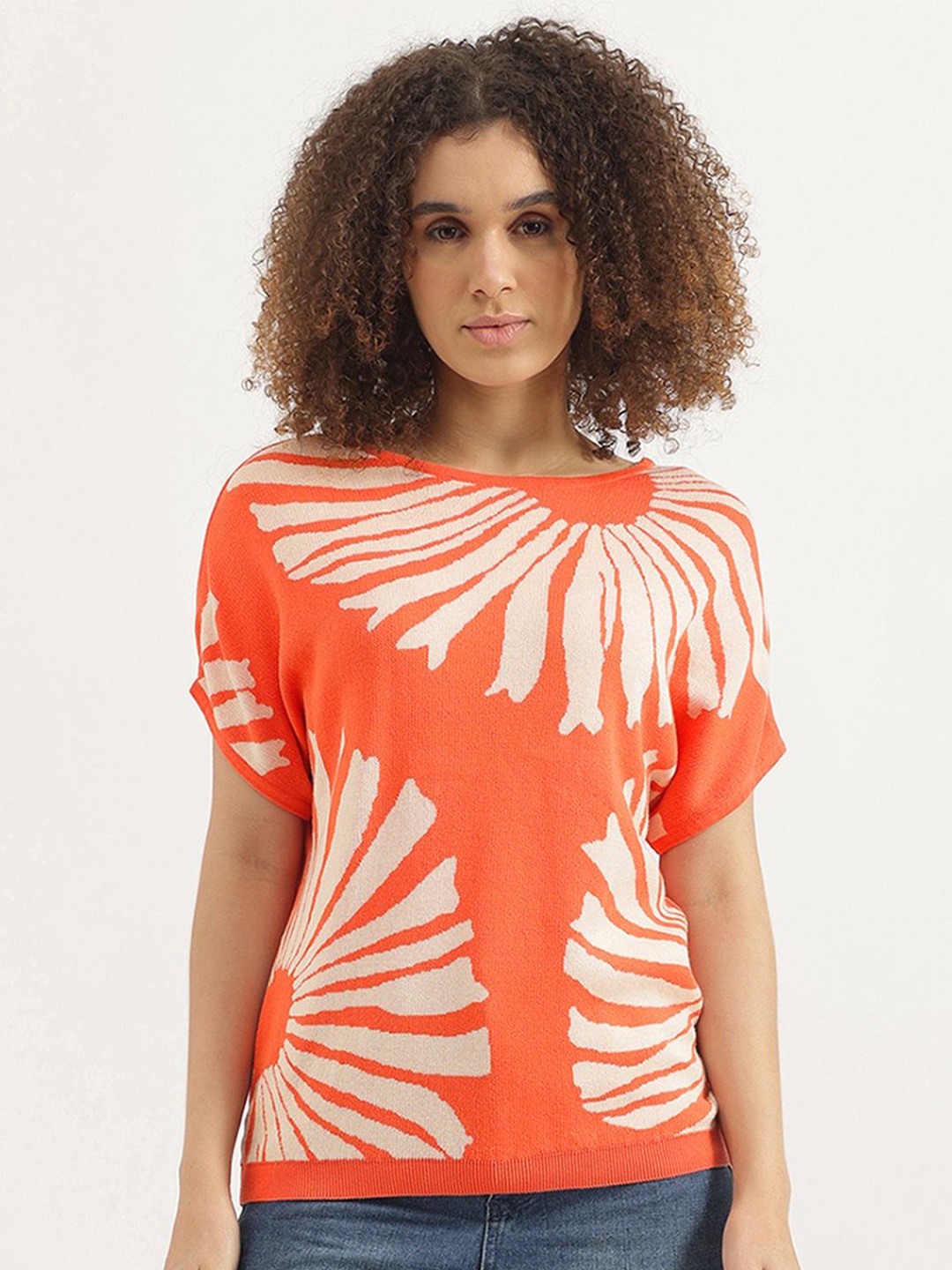 

United Colors of Benetton Women Printed Extended Sleeves Cotton Top, Coral