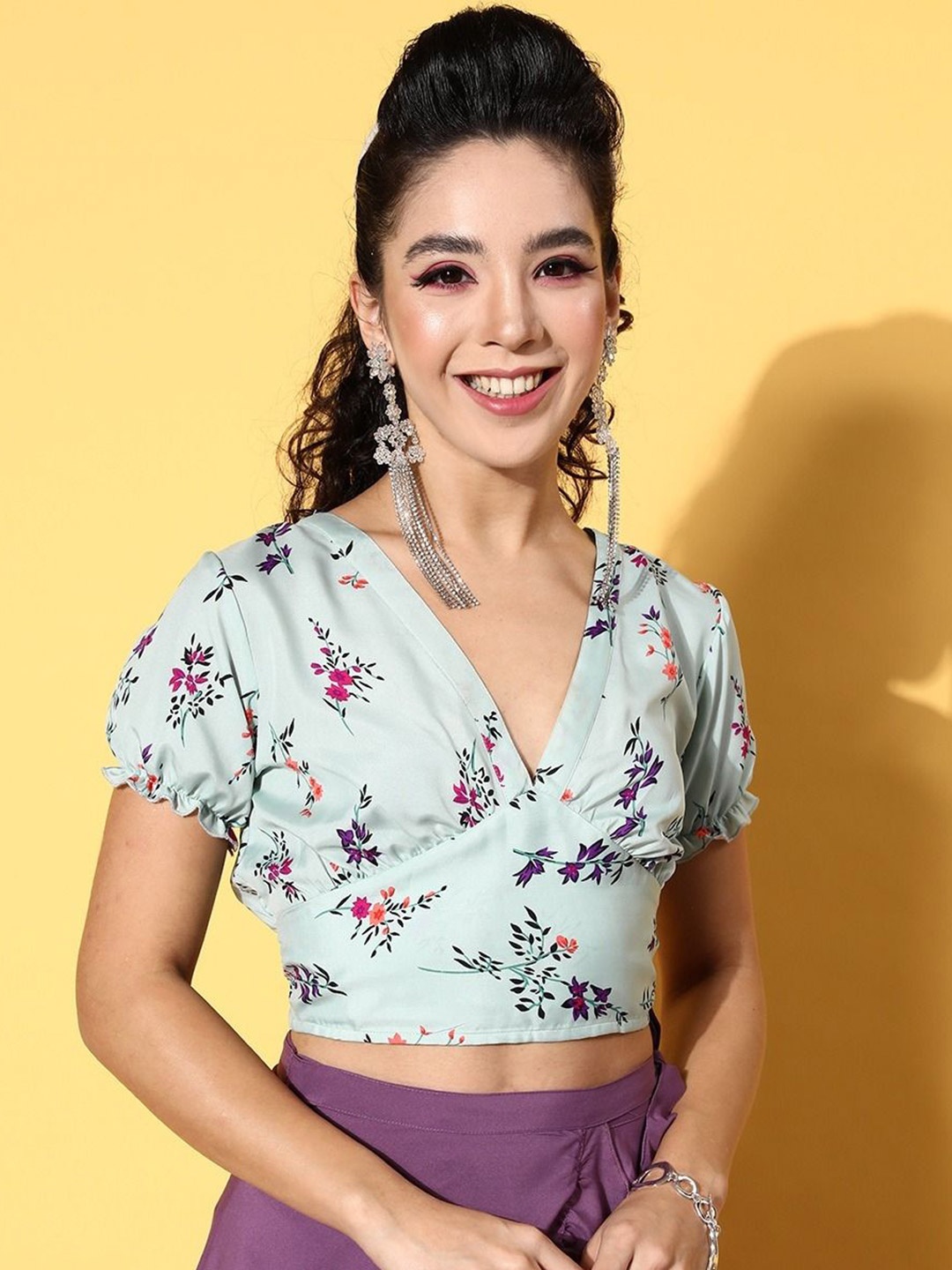 

Moda Rapido Floral Print Crepe Crop Top, Sea green