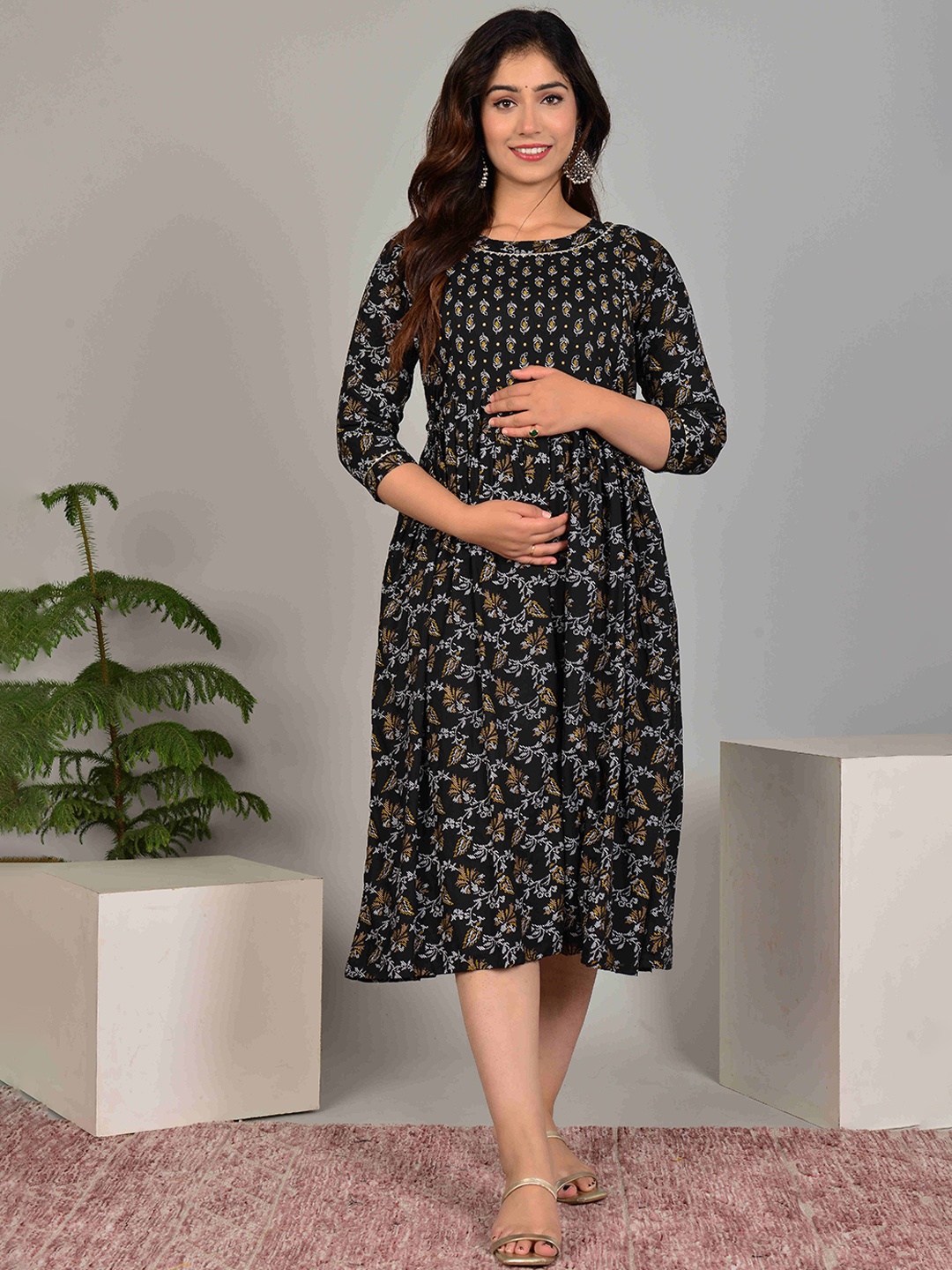 

FEMARY Women Ethnic Printed Maternity Cotton Fit and Flare Midi Dress, Black