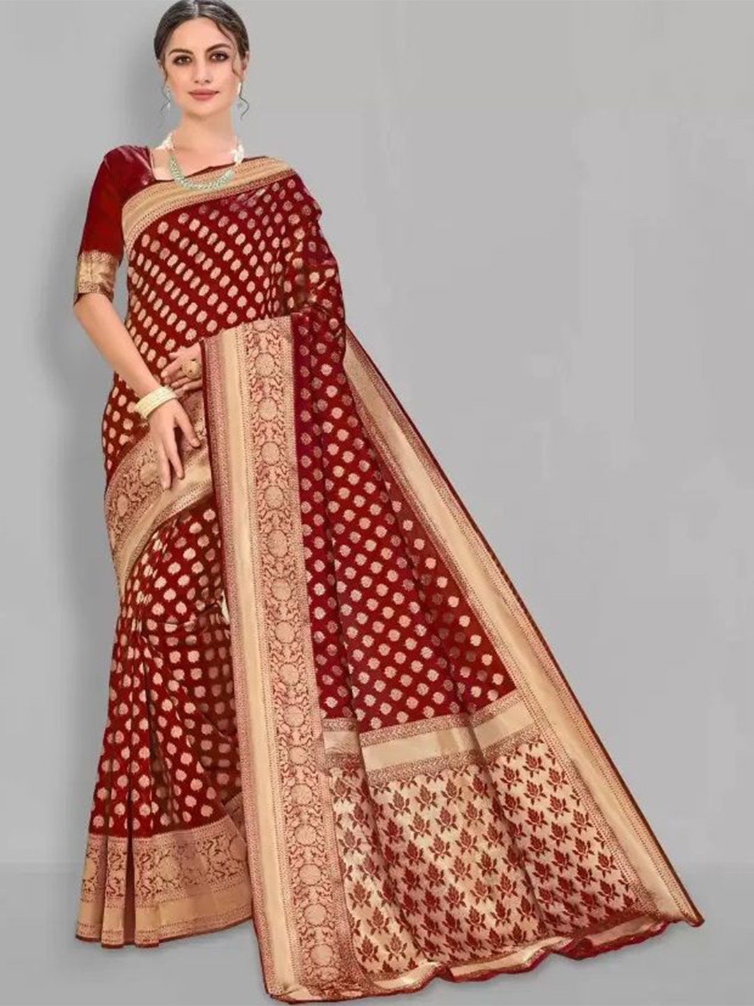 

KALINI Woven Design Zari Pure Silk Fusion Saree, Maroon