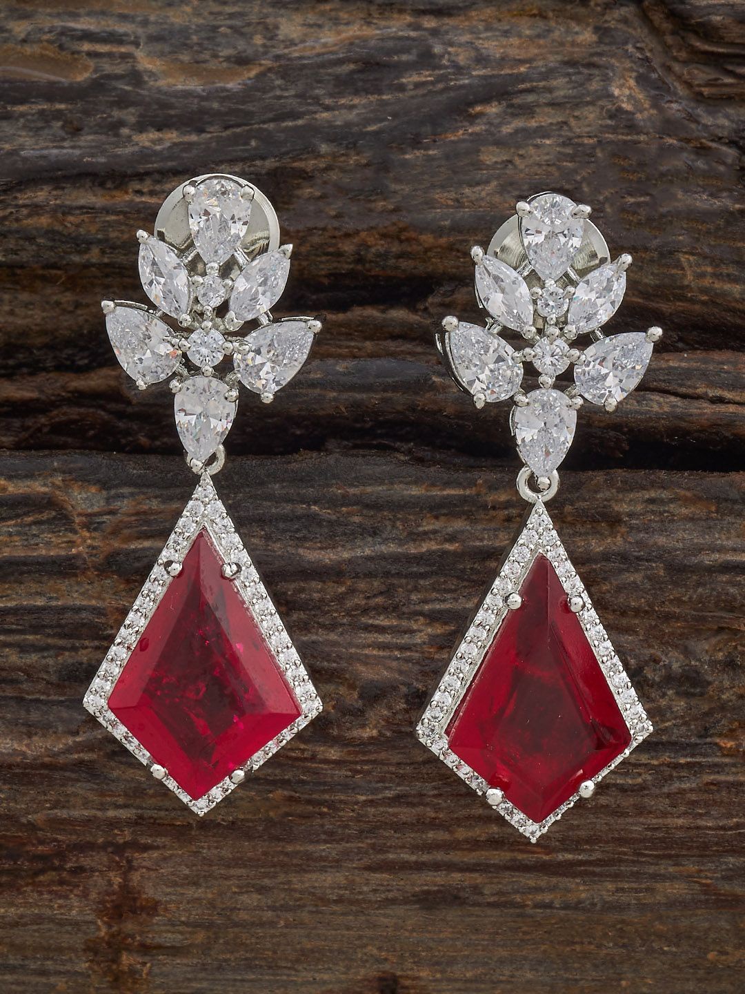 

Kushal's Fashion Jewellery Rhodium-Plated Ruby & Zircon Studded Geometric Drop Earrings, Silver