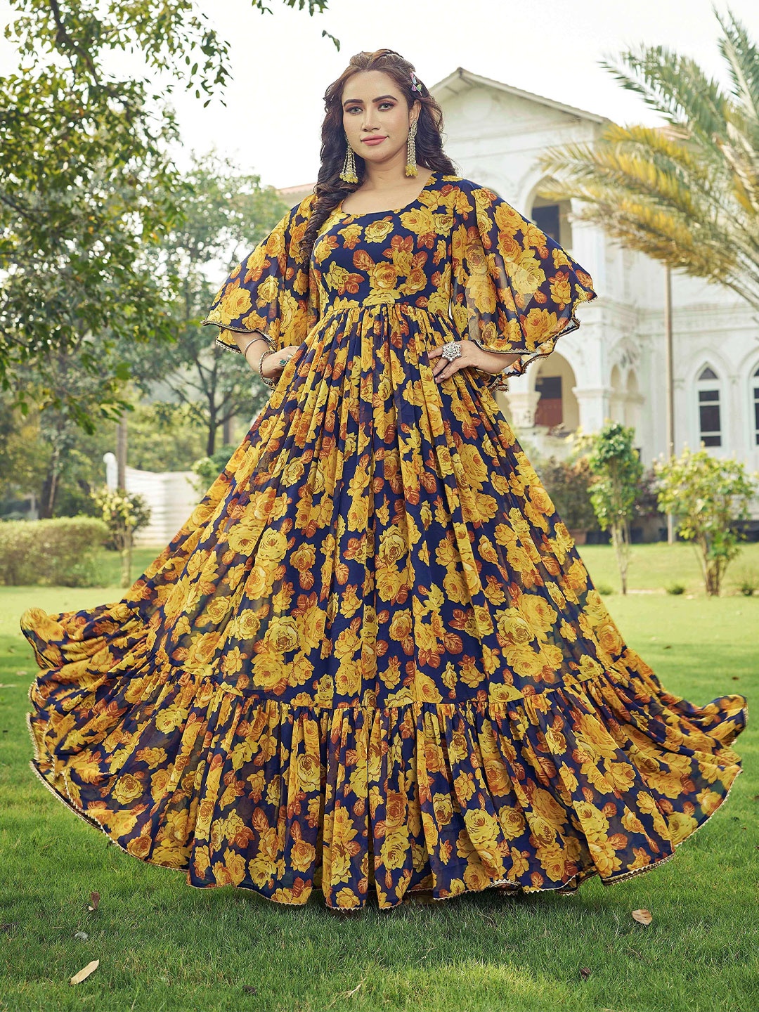 

Chandbaali Women Floral Printed Bell Sleeve Fit & Flare Maxi Dress, Yellow