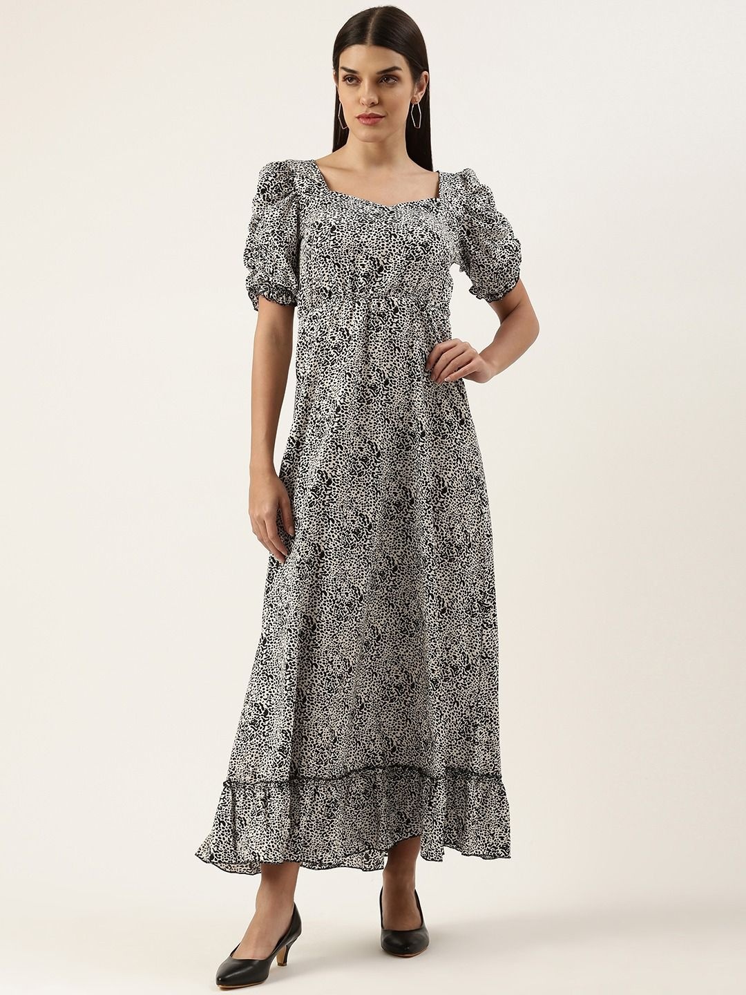 

Moda Rapido Print Puff Sleeve Crepe Fit & Flare Maxi Dress, Black