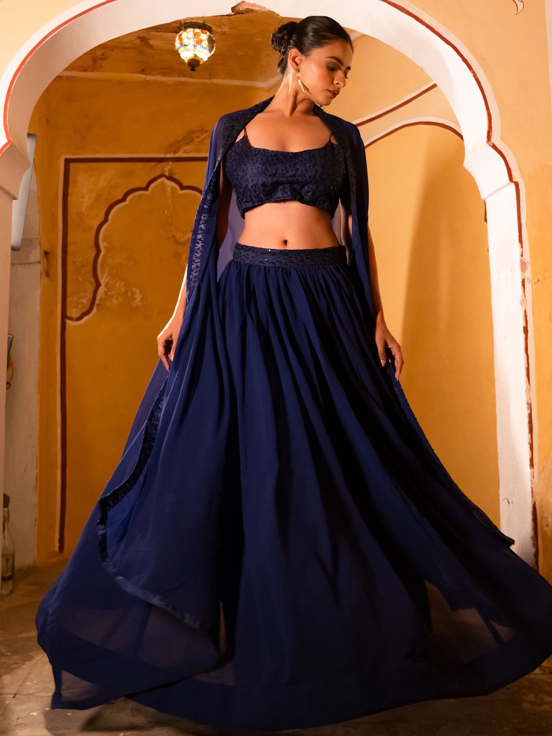 

Deasha Embroidered Sequinned Ready to Wear Lehenga & Blouse With Cape, Blue