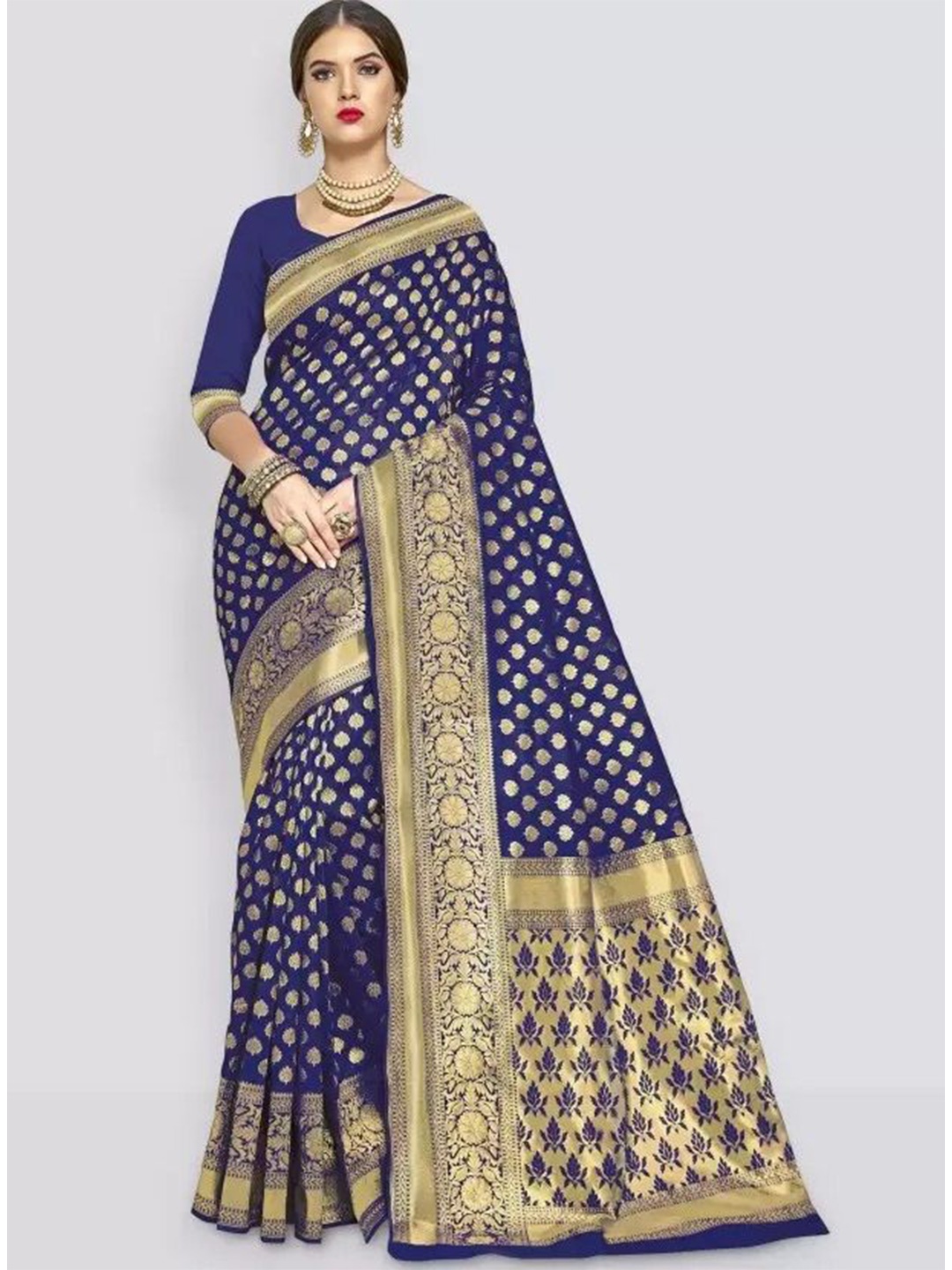 

KALINI Woven Design Zari Pure Silk Fusion Saree, Navy blue
