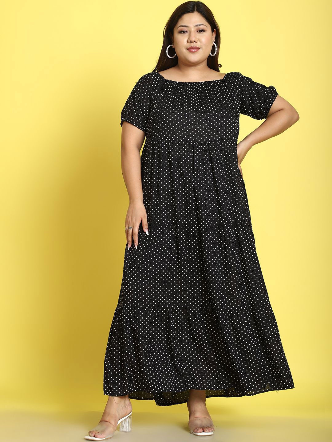 

theRebelinme Plus Size Polka Dots Tiered Printed Maxi Dress, Black