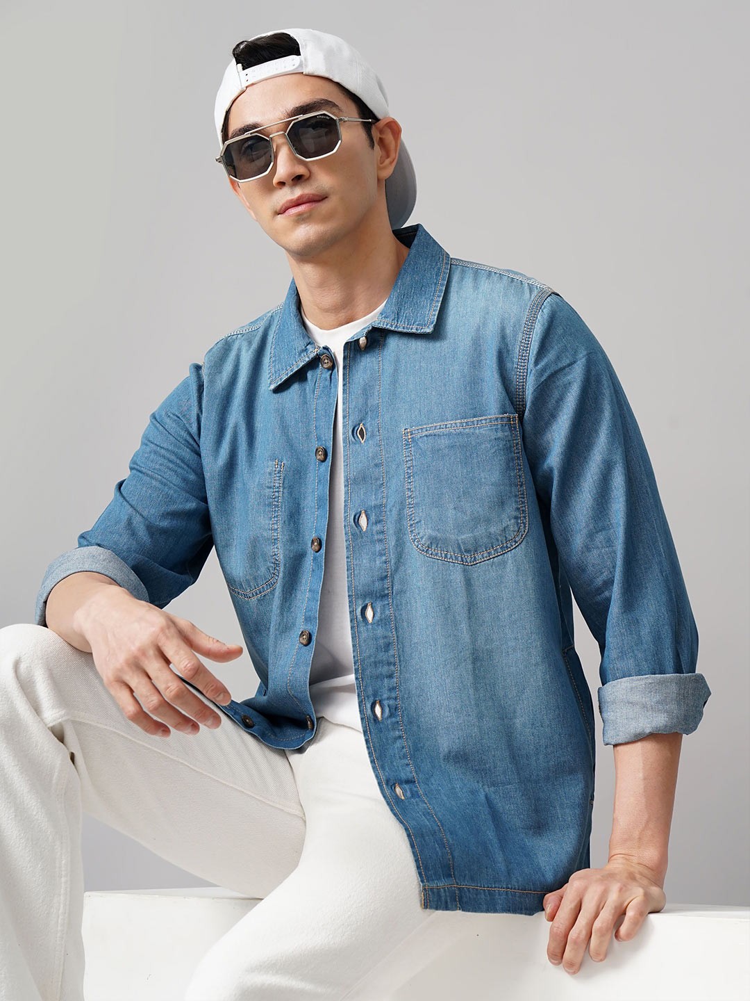 

British Club Men Classic Fit Spread Collar Solid Denim Casual Shirt, Blue