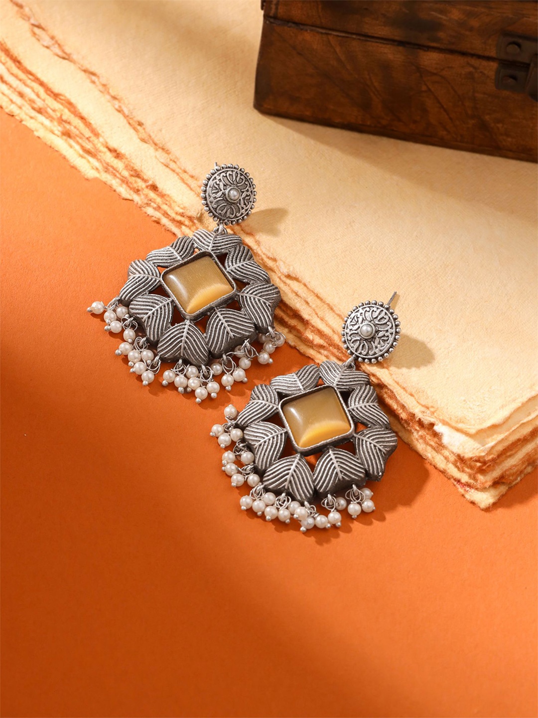 

Yellow Chimes Silver-Plated Monalisa Studded & Beaded Contemporary Afghani Drop Earrings