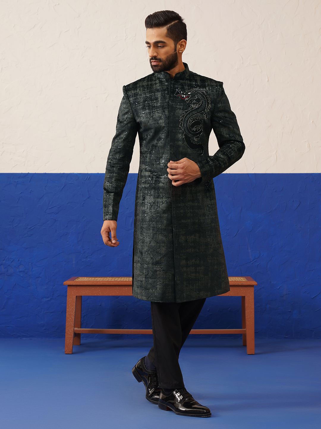 

TheEthnic.Co Men Black & Grey Textured Indo Set with Dragon Embroidery