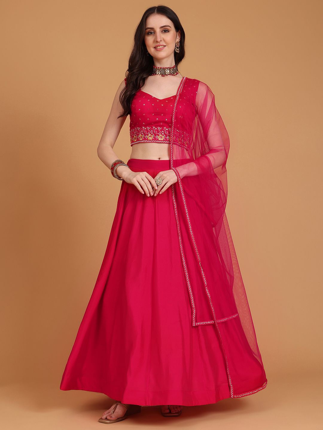 

Kinjo Embroidered Sequinned Ready to Wear Lehenga & Blouse With Dupatta, Pink