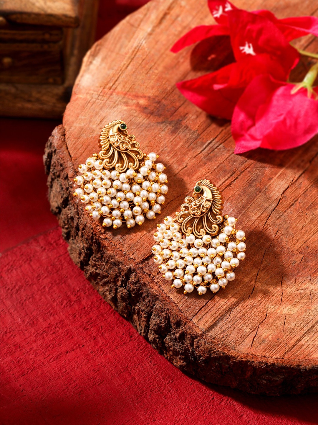 

Yellow Chimes Gold-Plated Pearls Peacock Shaped Contemporary Chandbalis Earrings