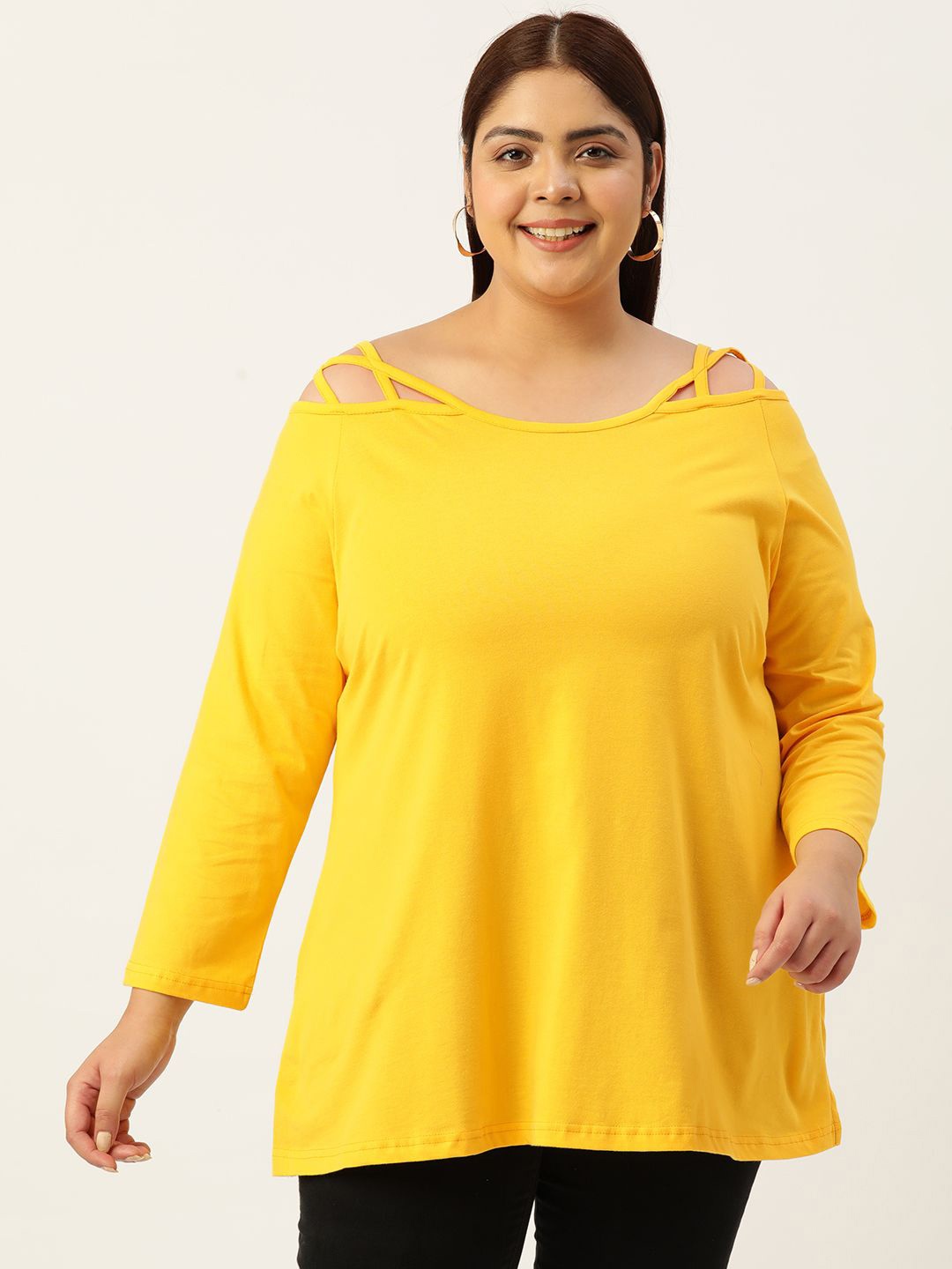 

theRebelinme Women Plus Size Cotton Cut-out Top, Yellow