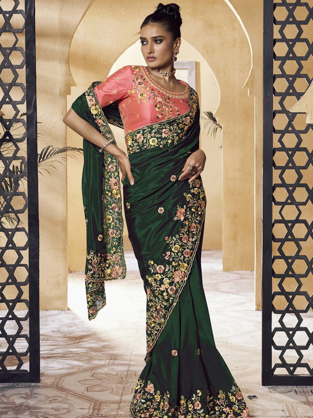 

Suha Embroidered Sequinned Pure Crepe Saree, Green