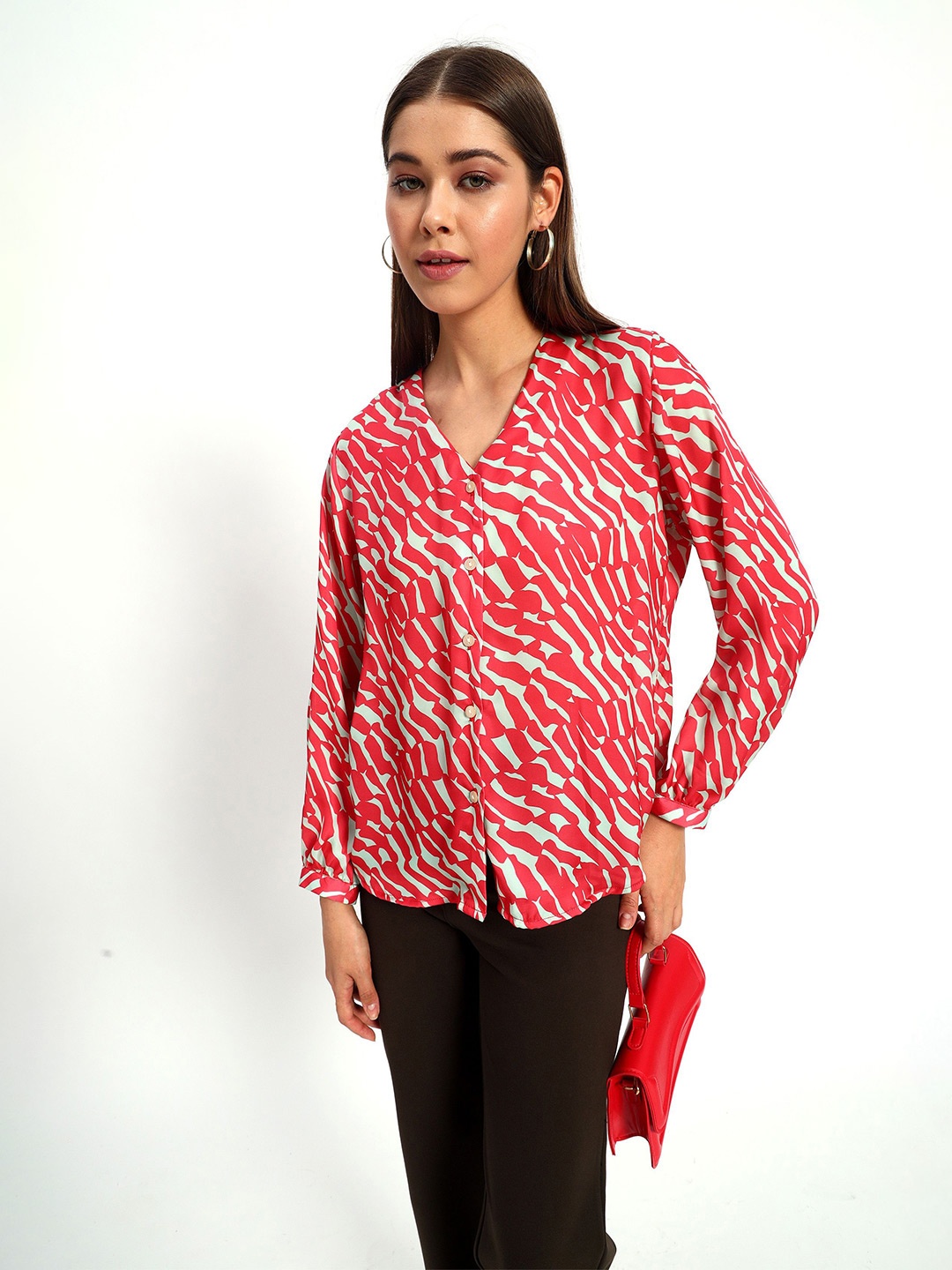 

Peikh Women Classic Opaque Printed Casual Shirt, Red