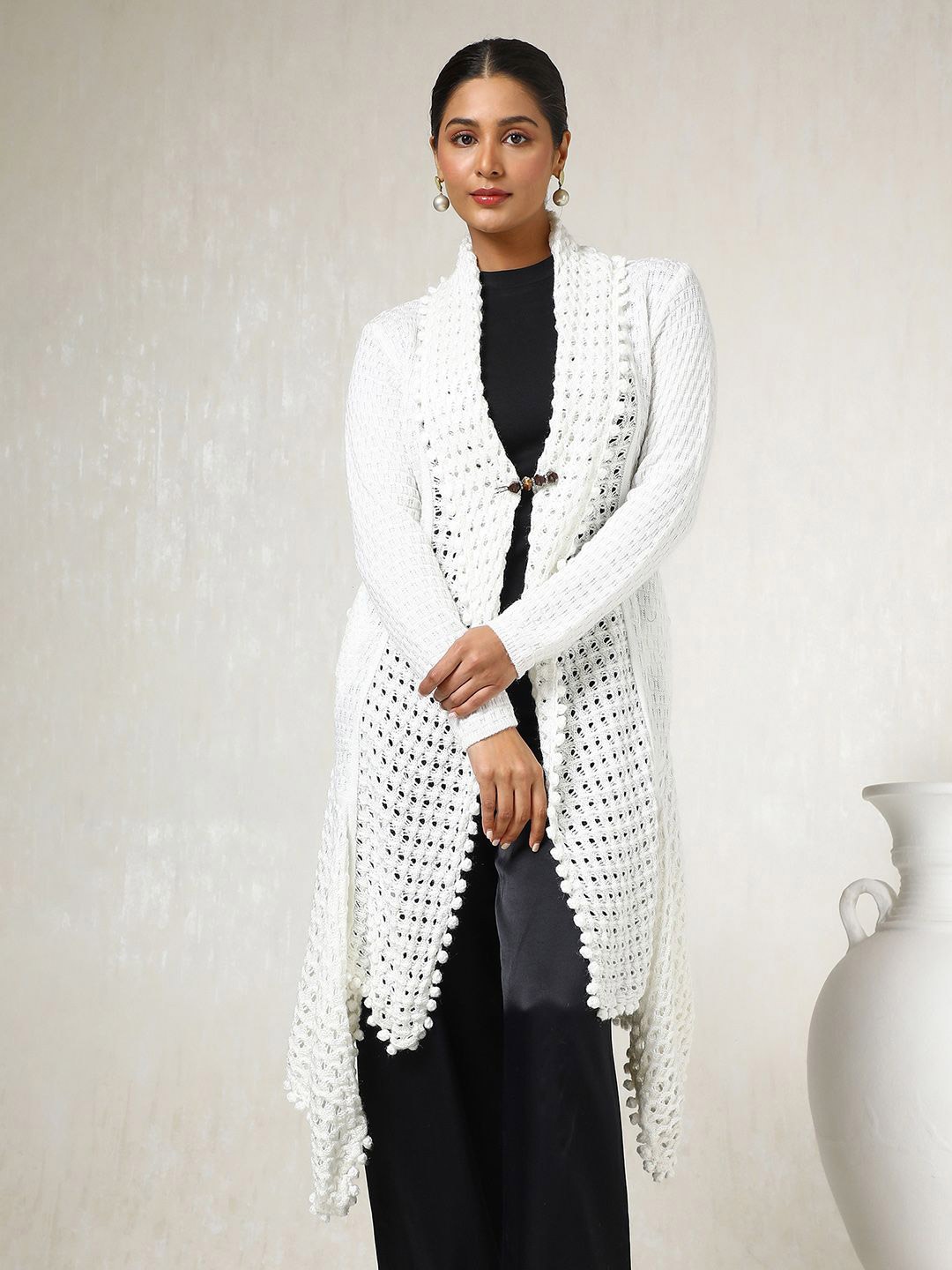 

Soch Self Design Longline Acrylic Open Front Shrug, White