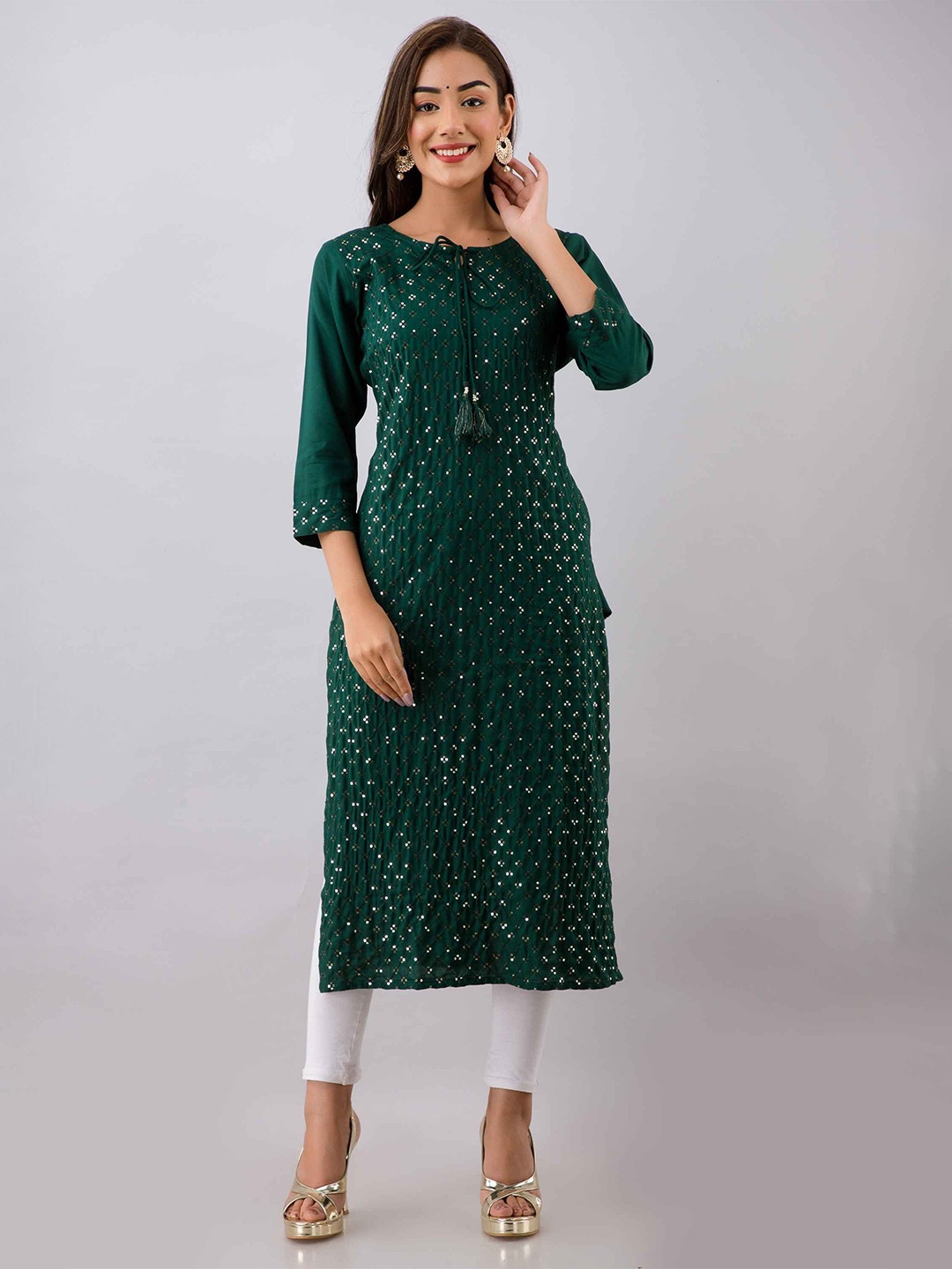 

SHAGUNA'S Ethnic Motifs Embroidered Tie-Up Neck Sequinned Straight Kurta, Green