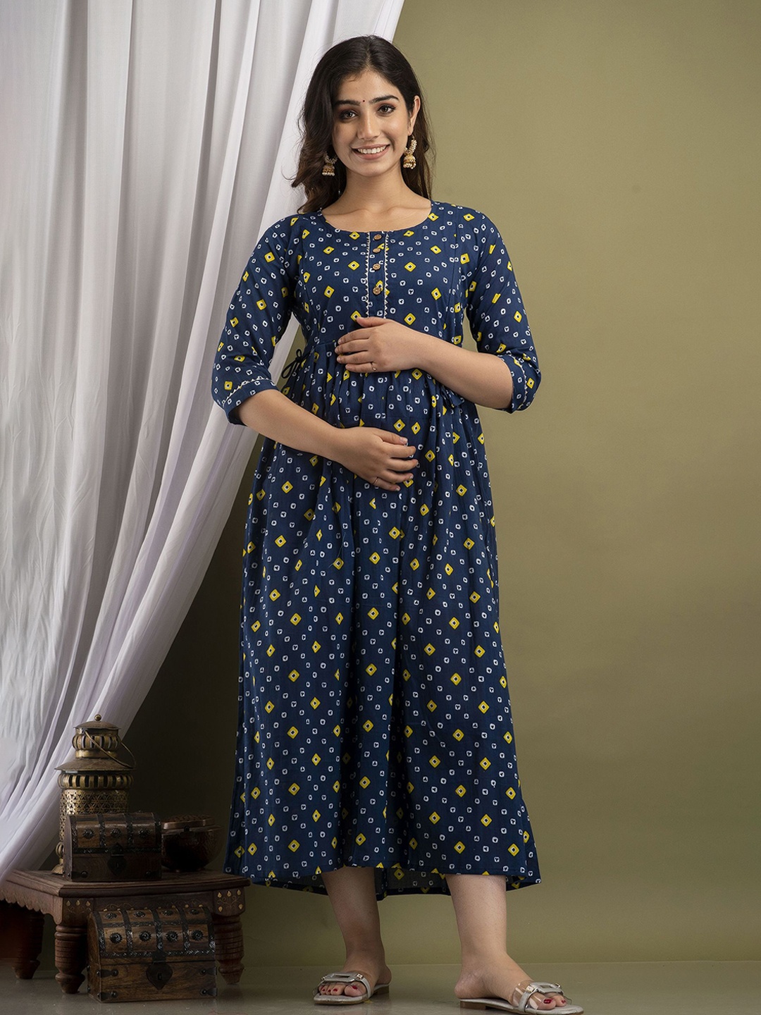 

FEMARY Women Printed Maternity Fit and Flare Dress, Blue