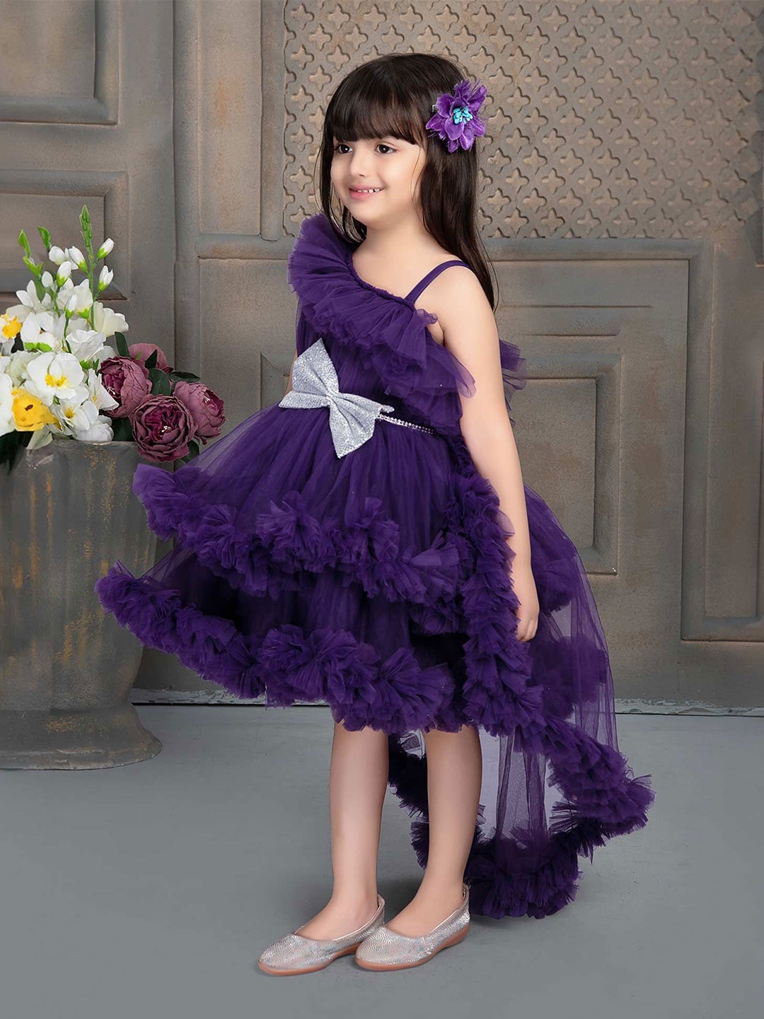 

Lagorii Girls Sleeveless & Ruffled & Bow Embellishment Party Wear Tail Back Frock Violet