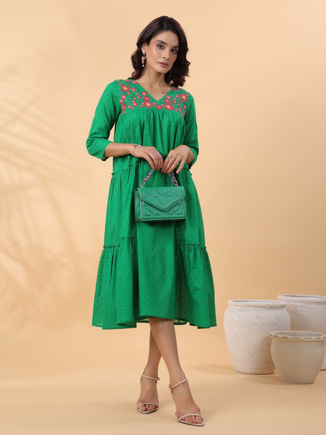 

KALINI Women V-Neck Embroidered Cotton Fit & Flare Midi Dress, Green