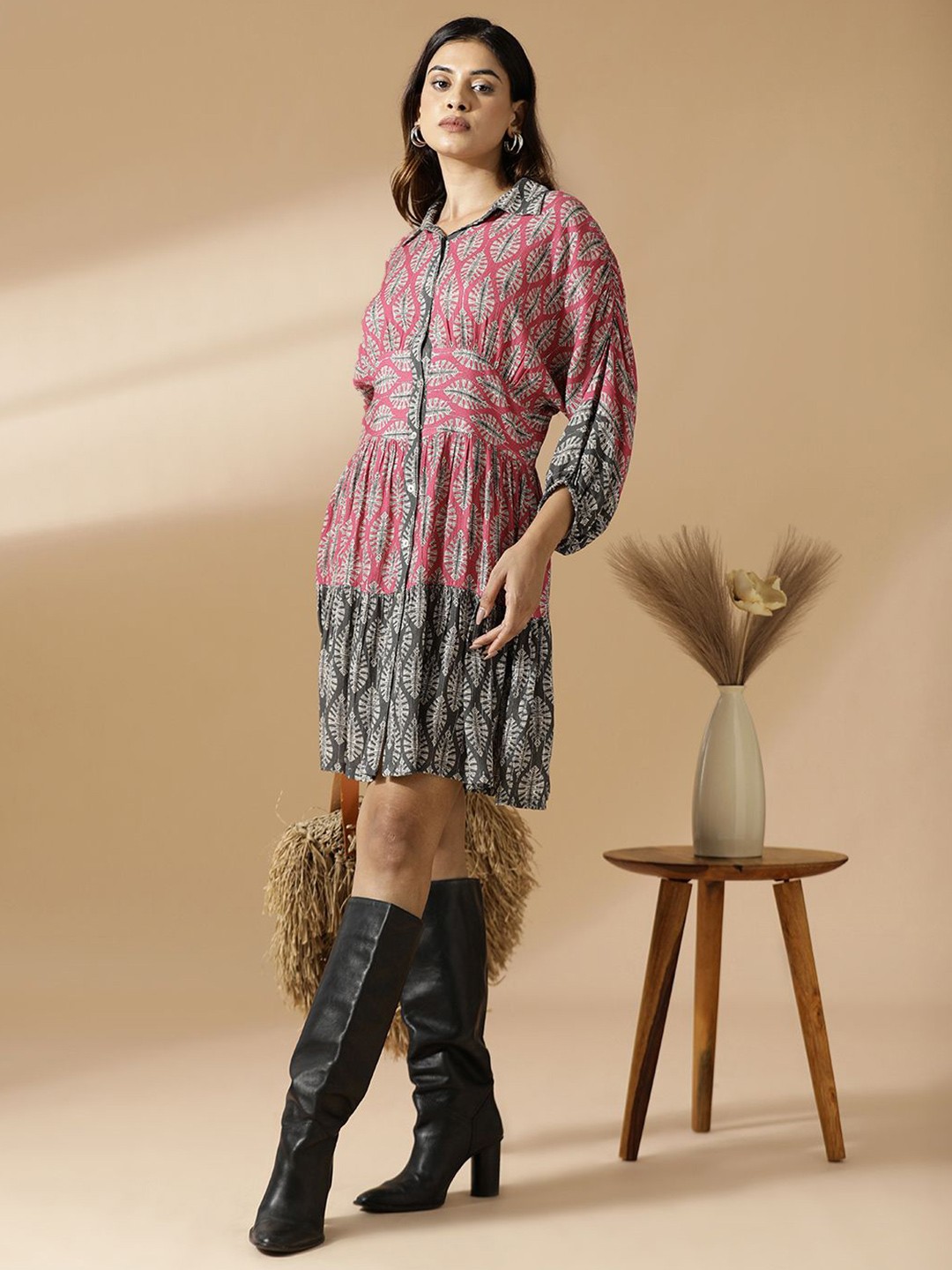 

Mugo Floral Print Ruched Sleeve Shirt Dress, Pink