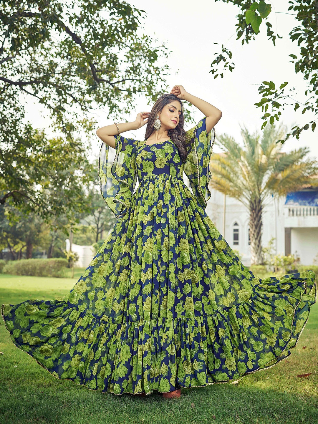 

Chandbaali Women Floral Print Bell Sleeve Georgette Fit & Flare Maxi Dress, Green