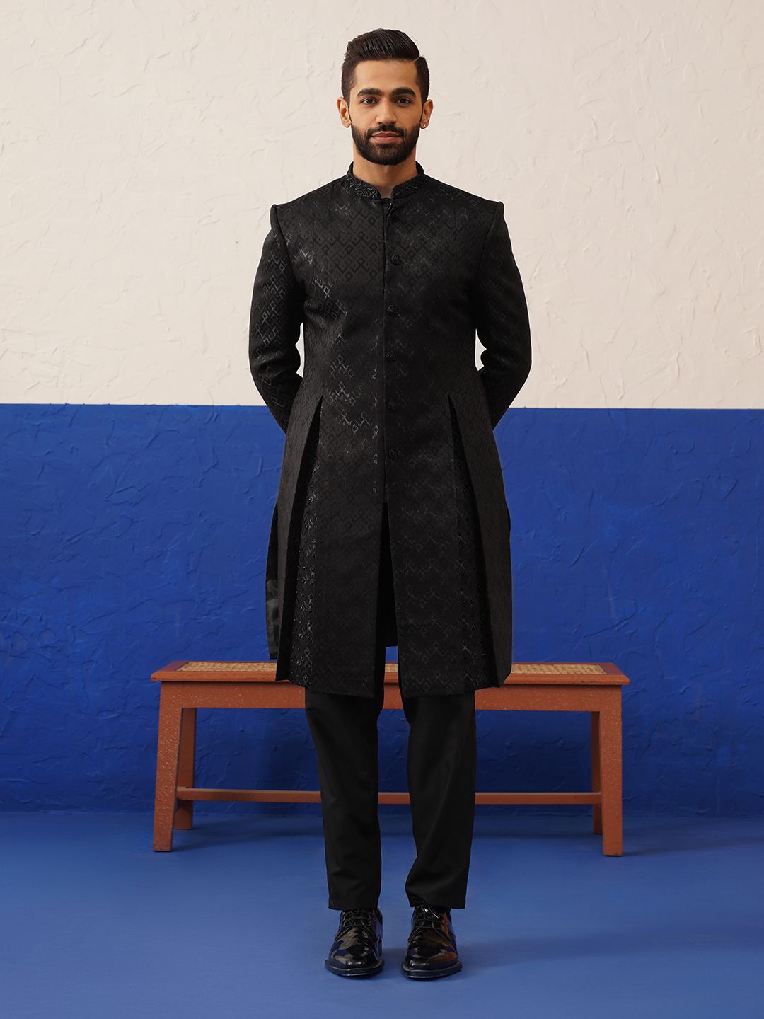 

TheEthnic.Co Men Dark Brown Embroidery Sherwani Set