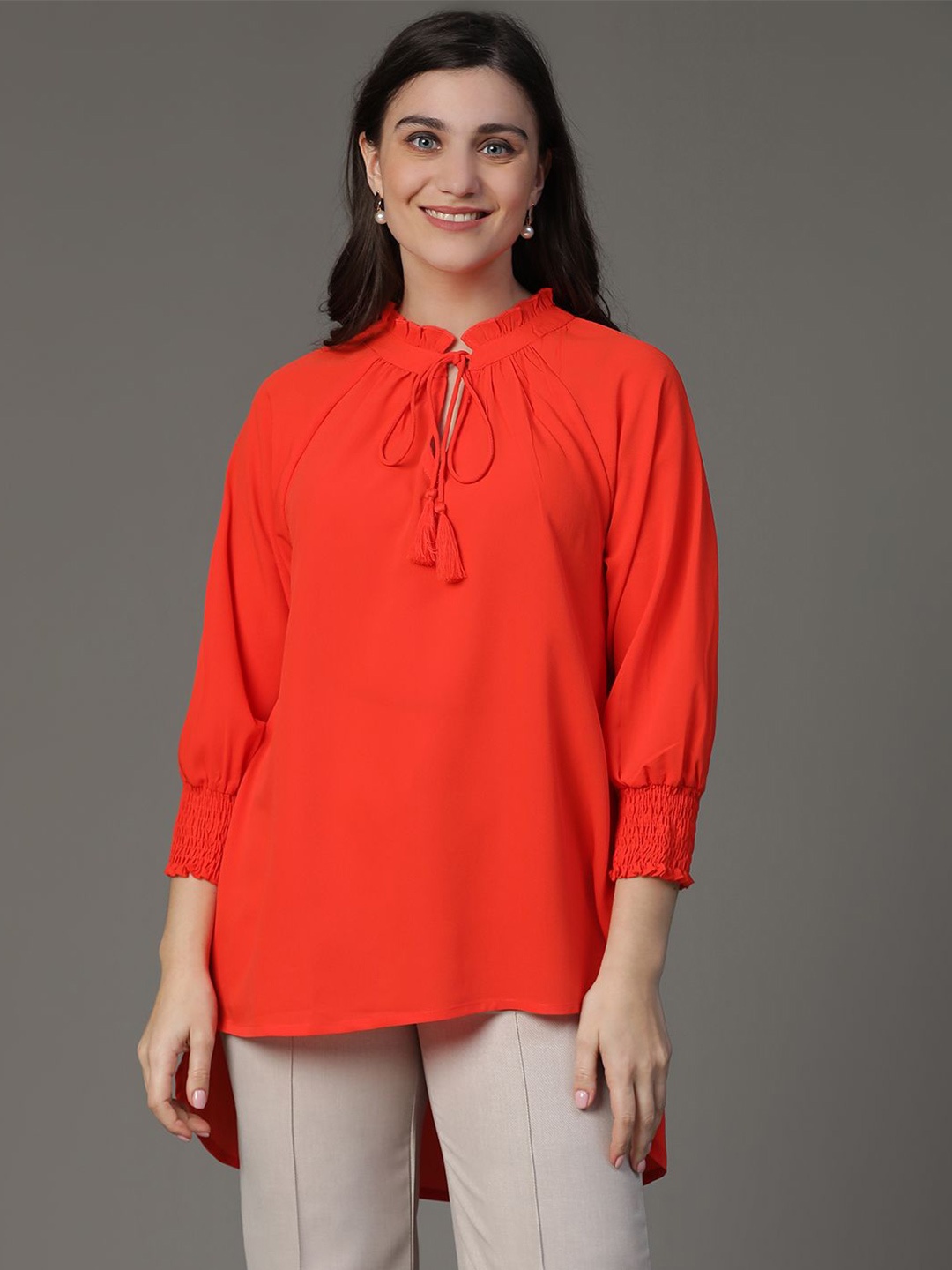 

VEGAL Women Tie-Up Neck Cuffed Sleeves High-Low Top, Orange