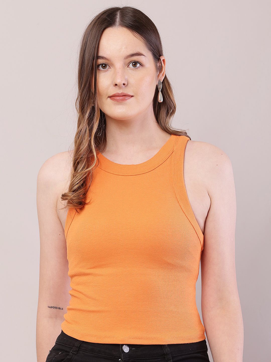 

NoBarr Women Sleeveless Cotton Crop Top, Orange