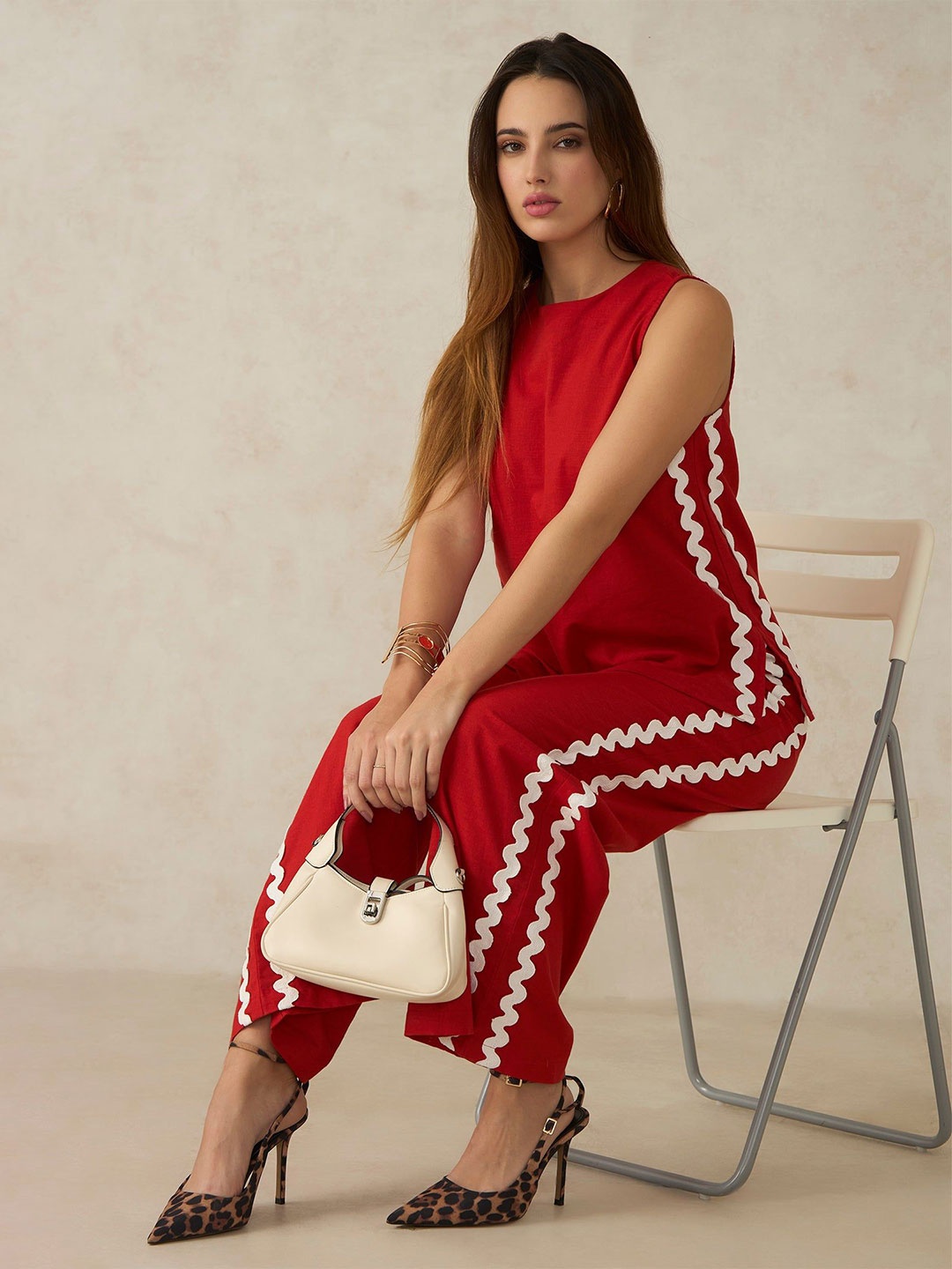 

Virgio Sadie Lace Trim Sleeveless Tunic & Trousers Co-Ord Set, Red