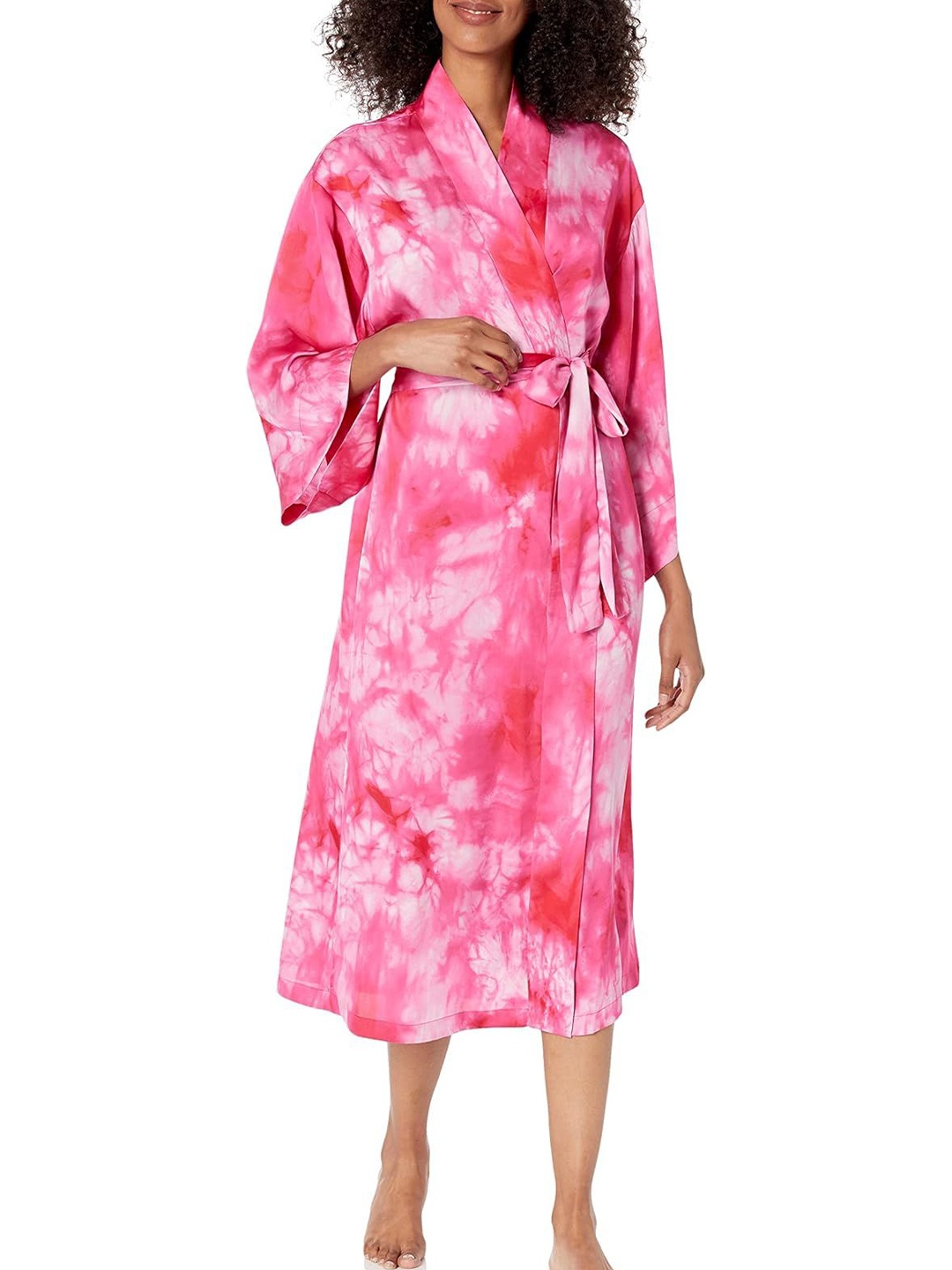 

Softwrap Women V-Neck Printed Midi Wrap Nightdress, Pink