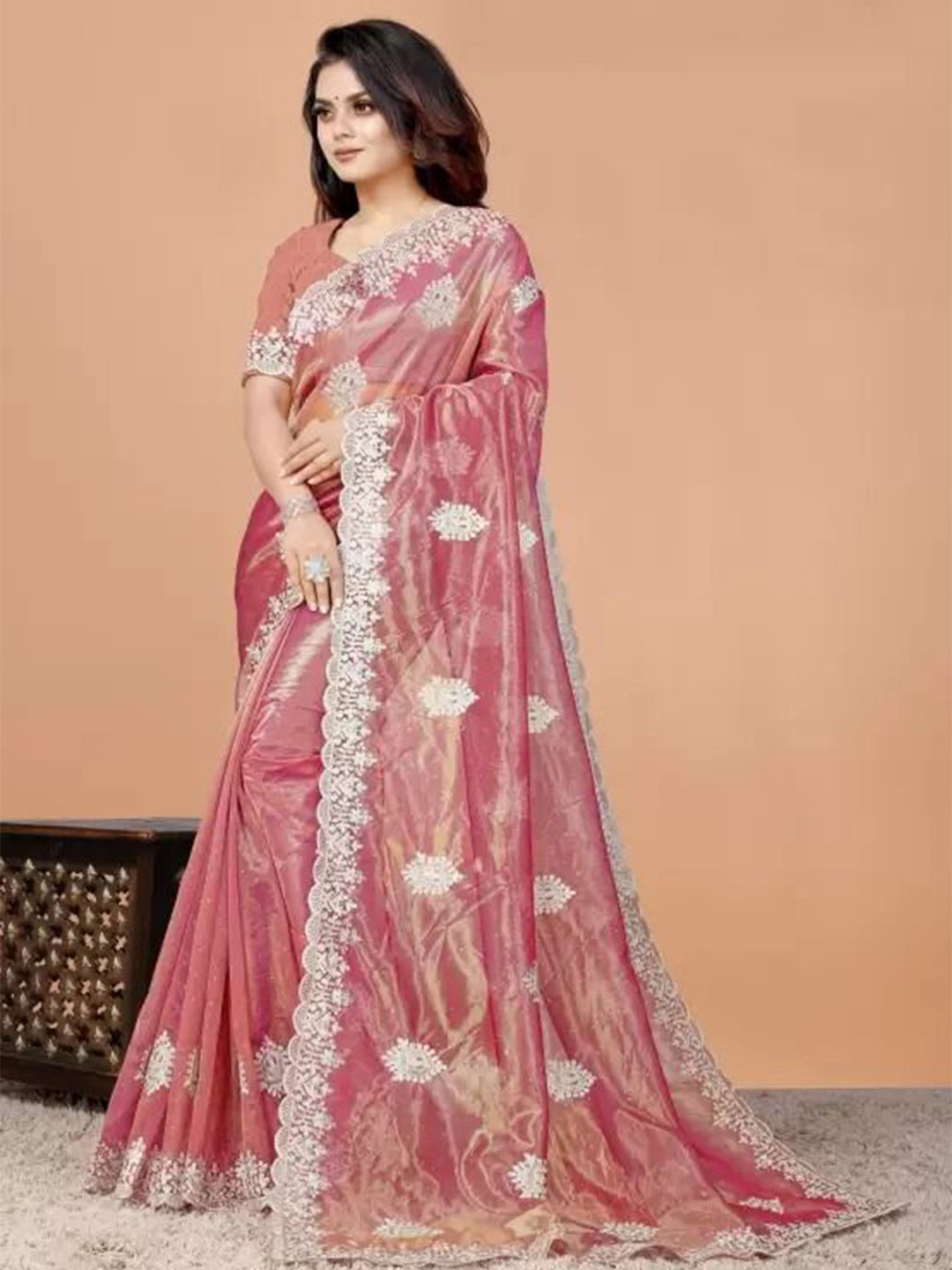 

KALINI Embellished Net Saree, Peach