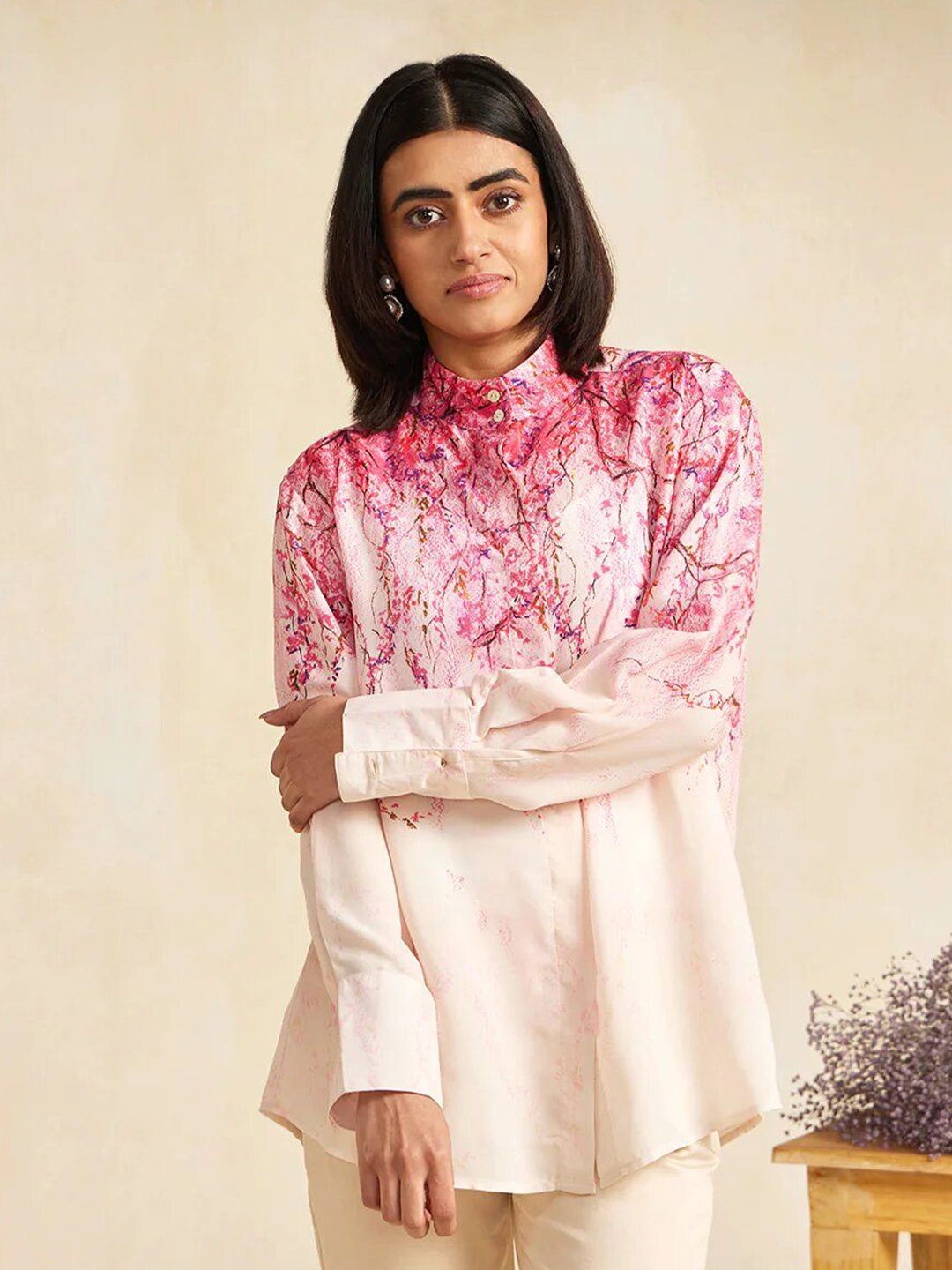 

DressBerry Embellished Print Mandarin Collar Shirt Style Top, Pink