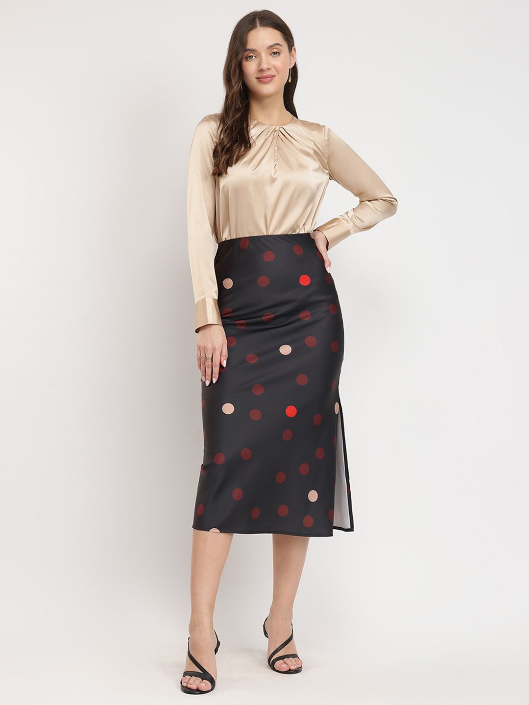 

FableStreet Polka Printed Satin Stretchable A-Line Skirt, Black