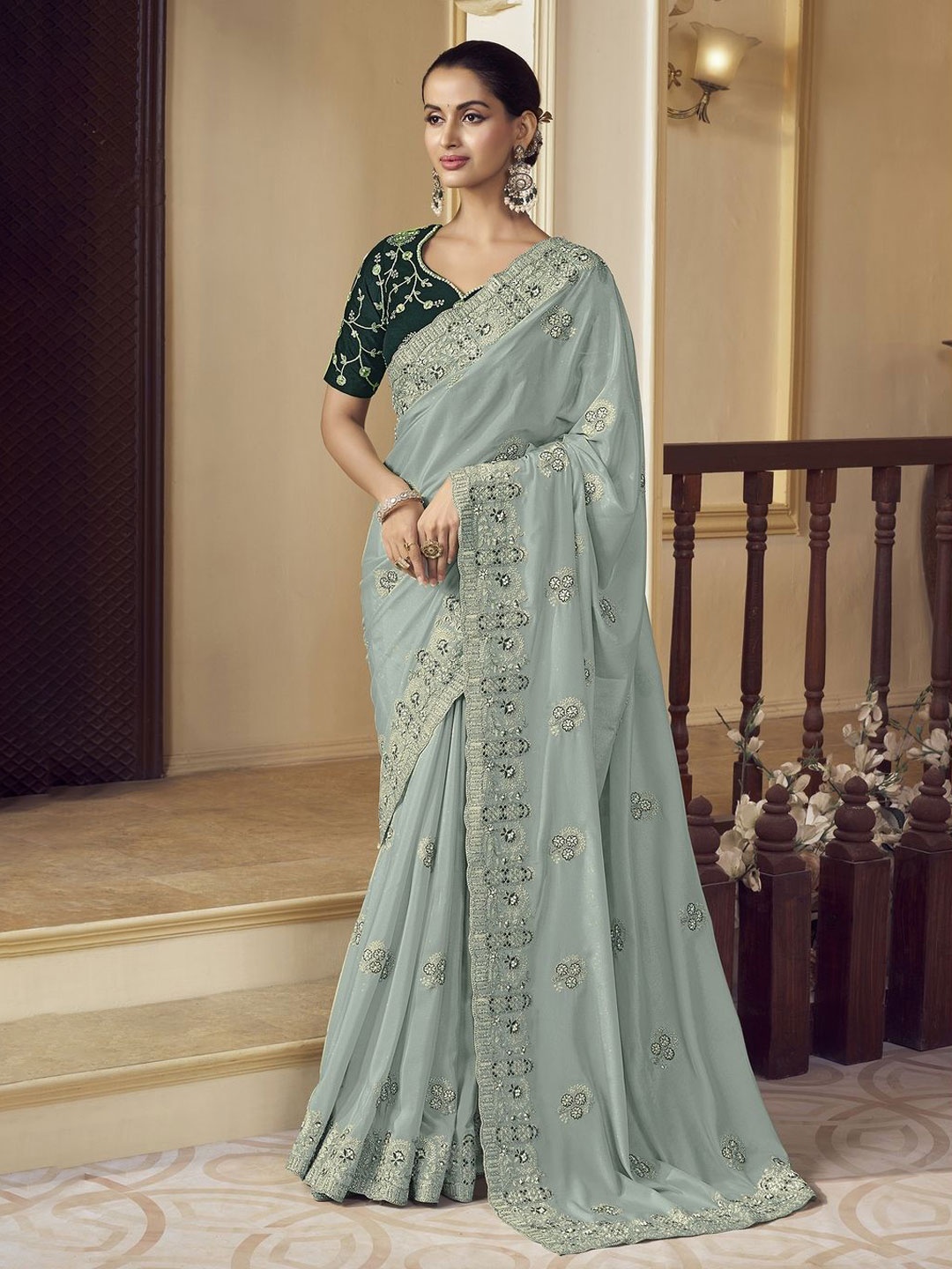 

Suha Floral Embroidered Pure Crepe Saree, Blue