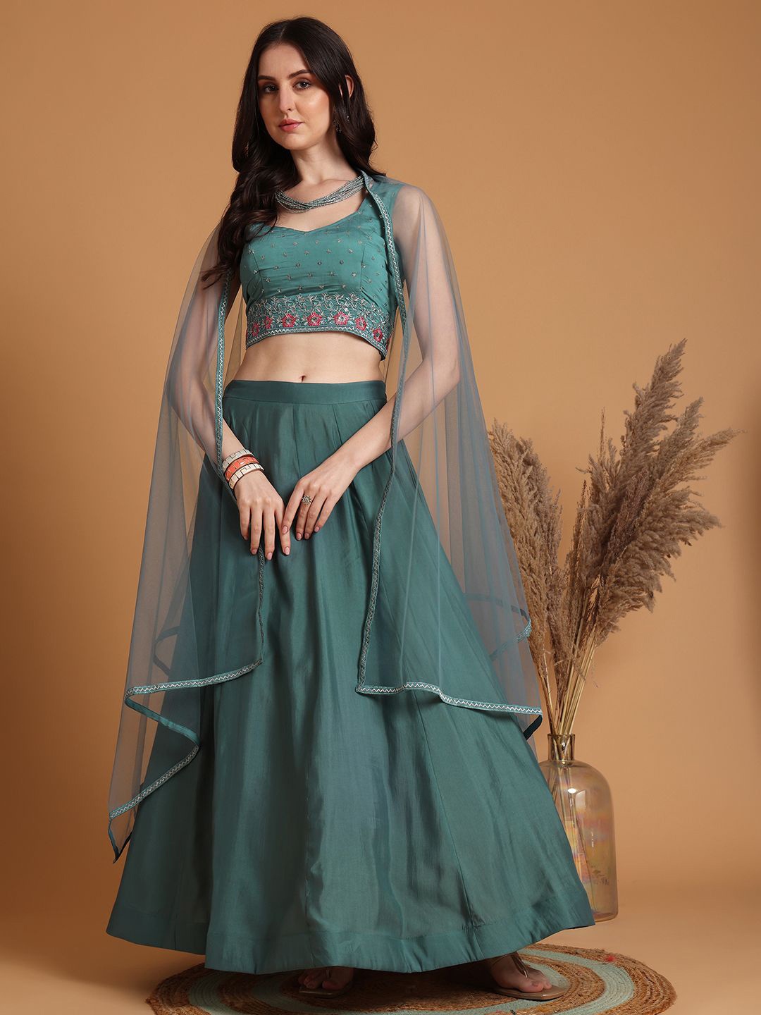 

Kinjo Embroidered Sequinned Ready to Wear Lehenga & Blouse With Dupatta, Sea green