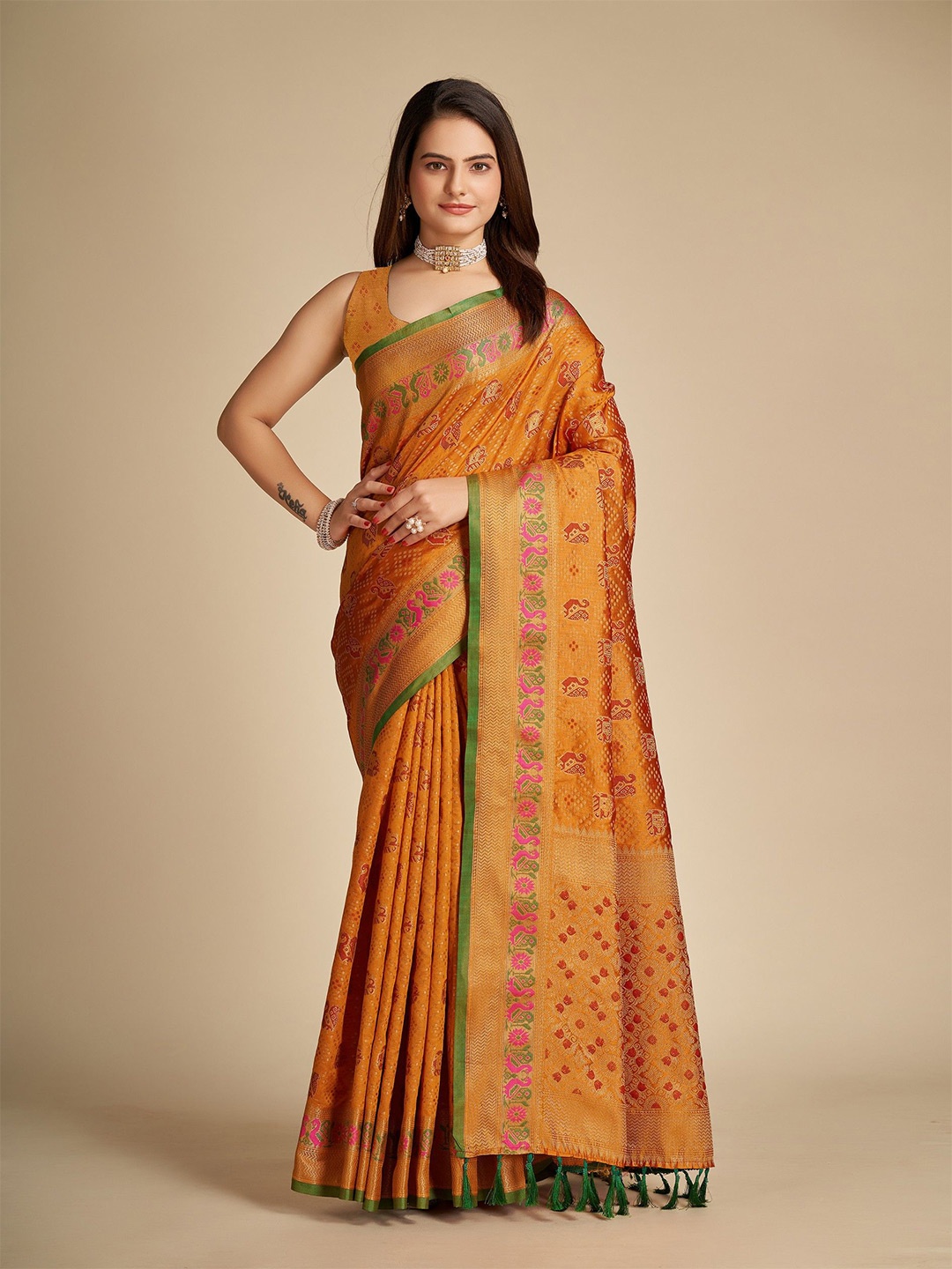 

KSM PRINTS Woven Design Zari Saree, Mustard