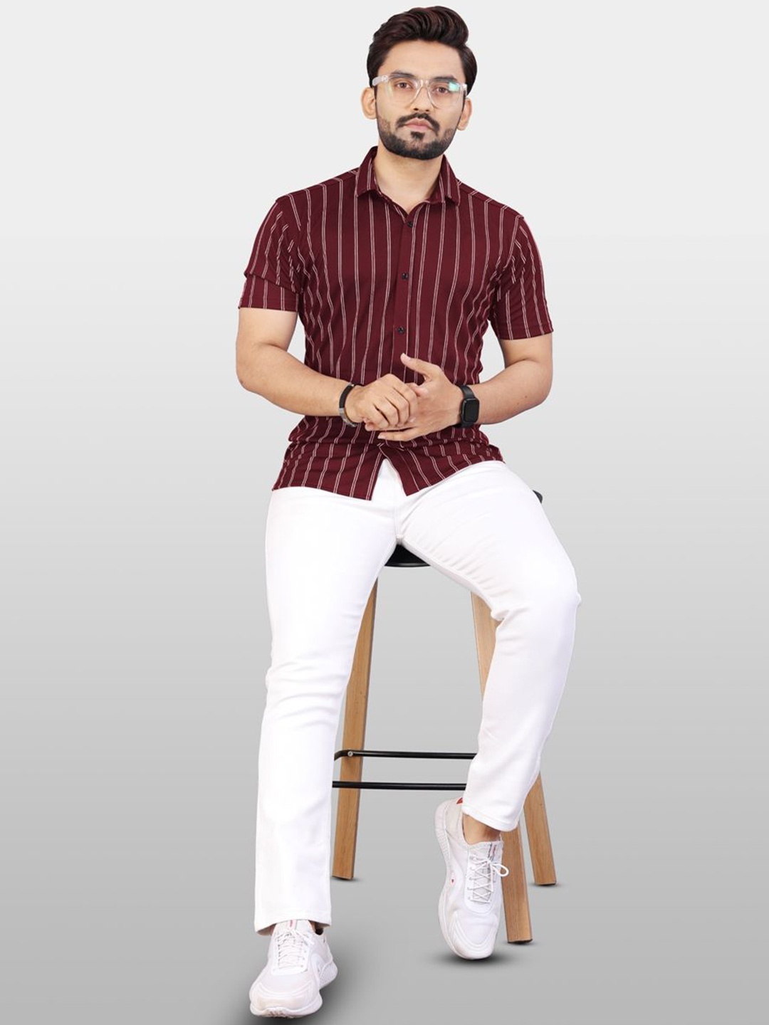 

VeBNoR Men Standard Fit Striped Spread Collar Casual Shirt, Maroon