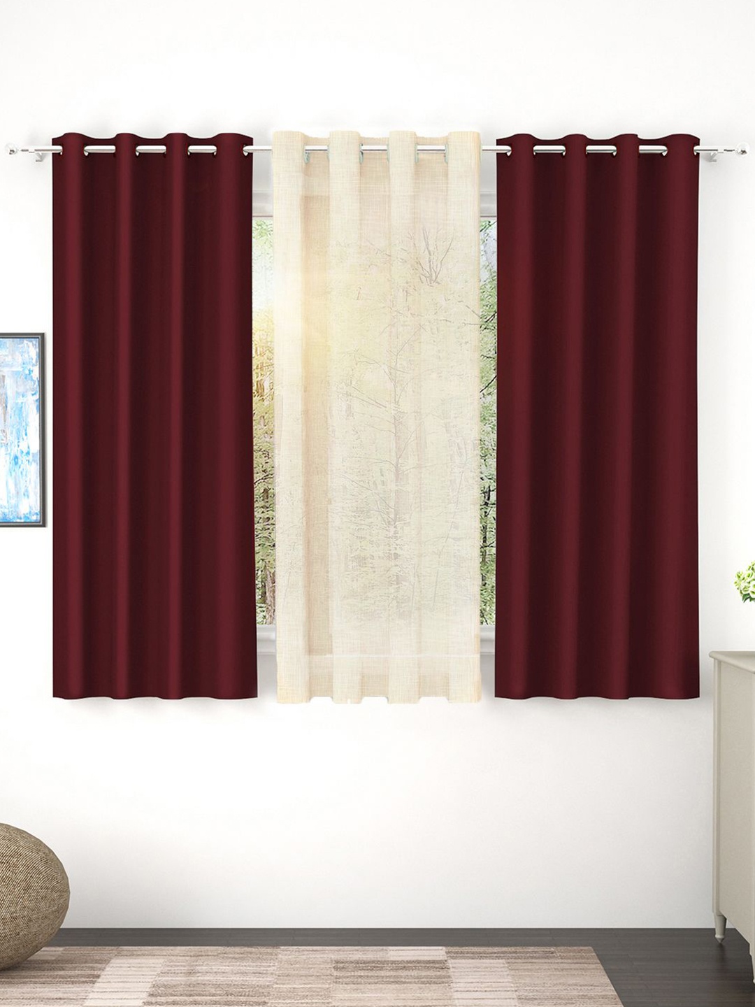 

Story@home Set of 3 Combo Window Curtains of Blackout & Sheer 5 Feet, Maroon & Beige