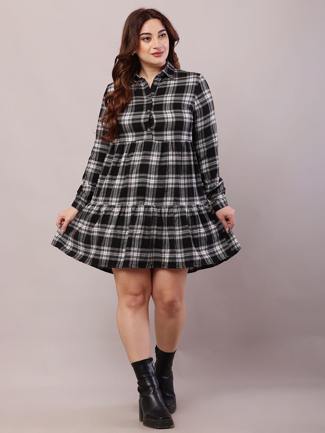 

NoBarr Women Checked A-Line Mini Dress, Black