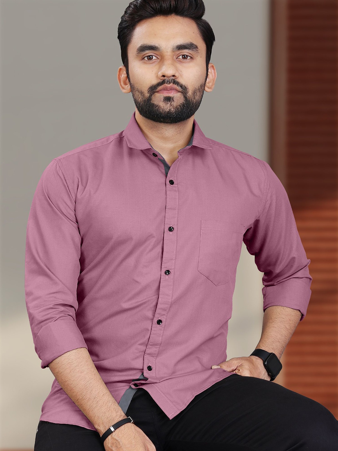 

VeBNoR Men Standard Fit Solid Spread Collar Shirt, Pink