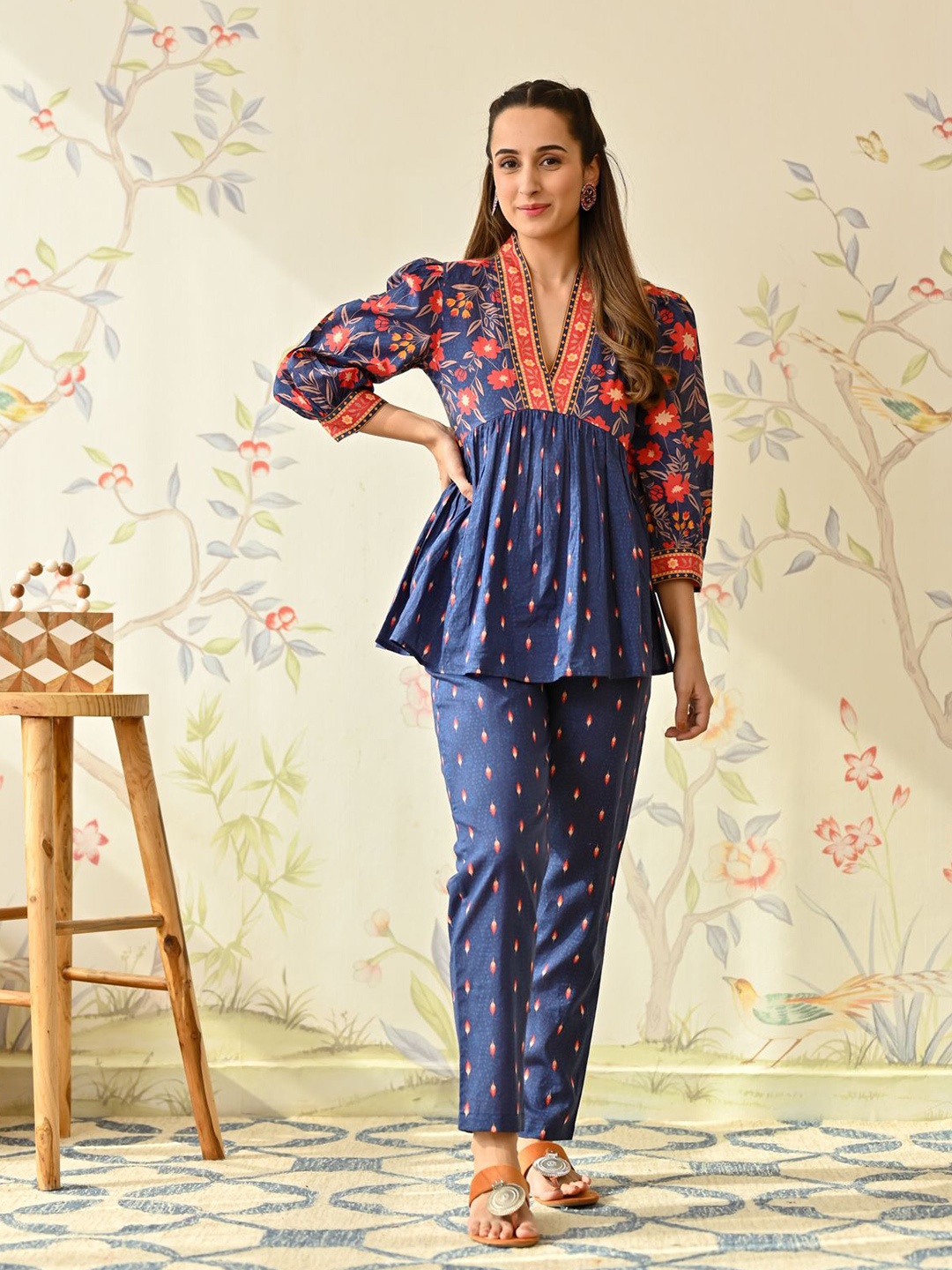 

Rustorange Floral Printed Pure Cotton Top With Trouser Co-Ords, Blue