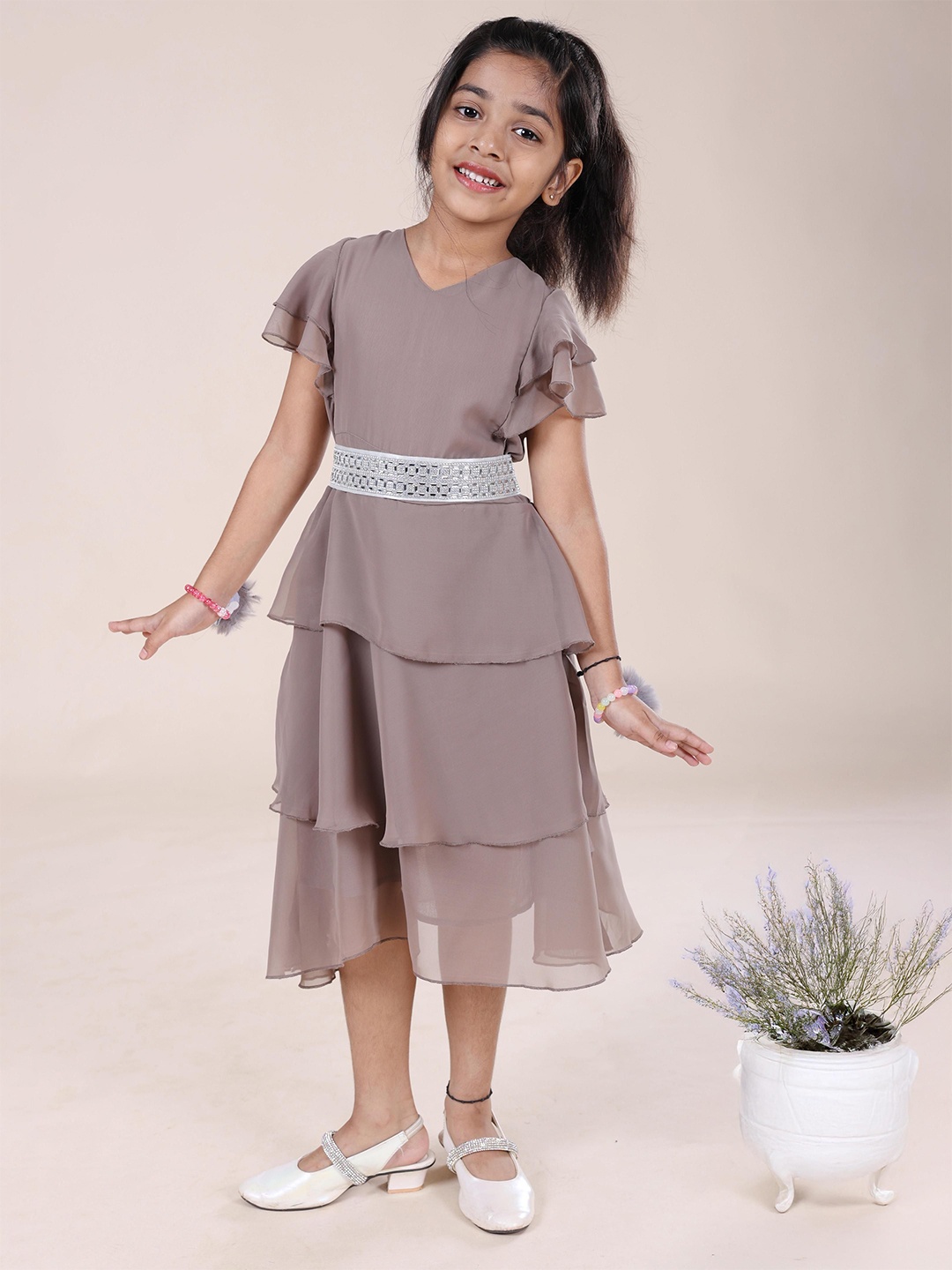

KiddoPanti Girls Layered Flared Sleeves Fit & Flare Dress, Brown