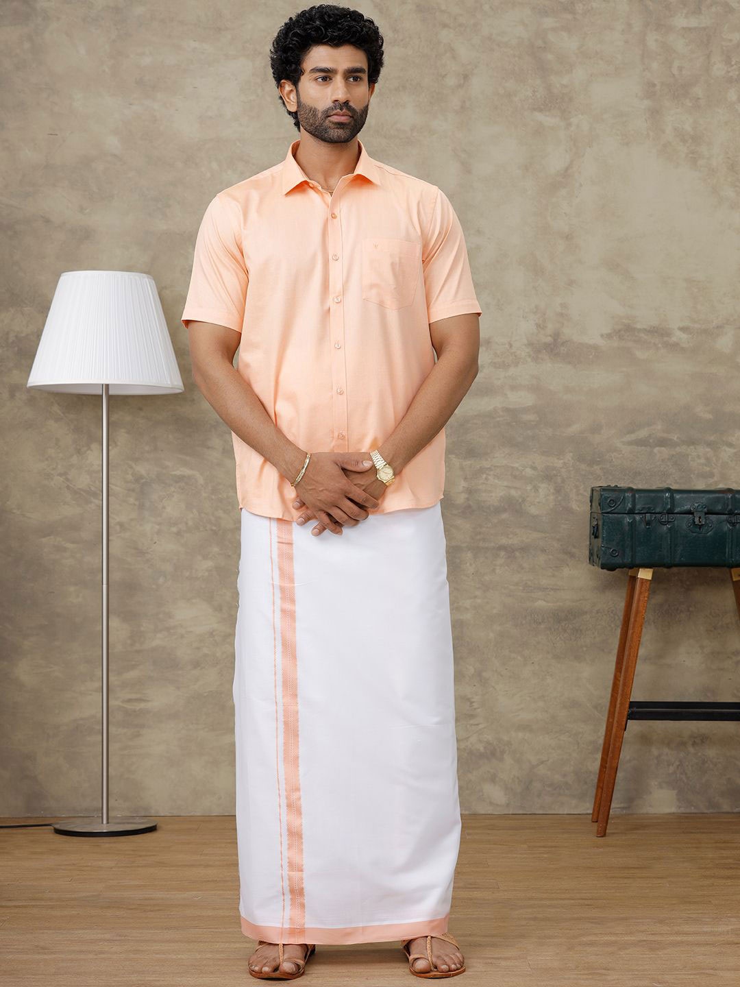 

Ramraj Men Evolution Shirt & Border Dhoti Set, Peach